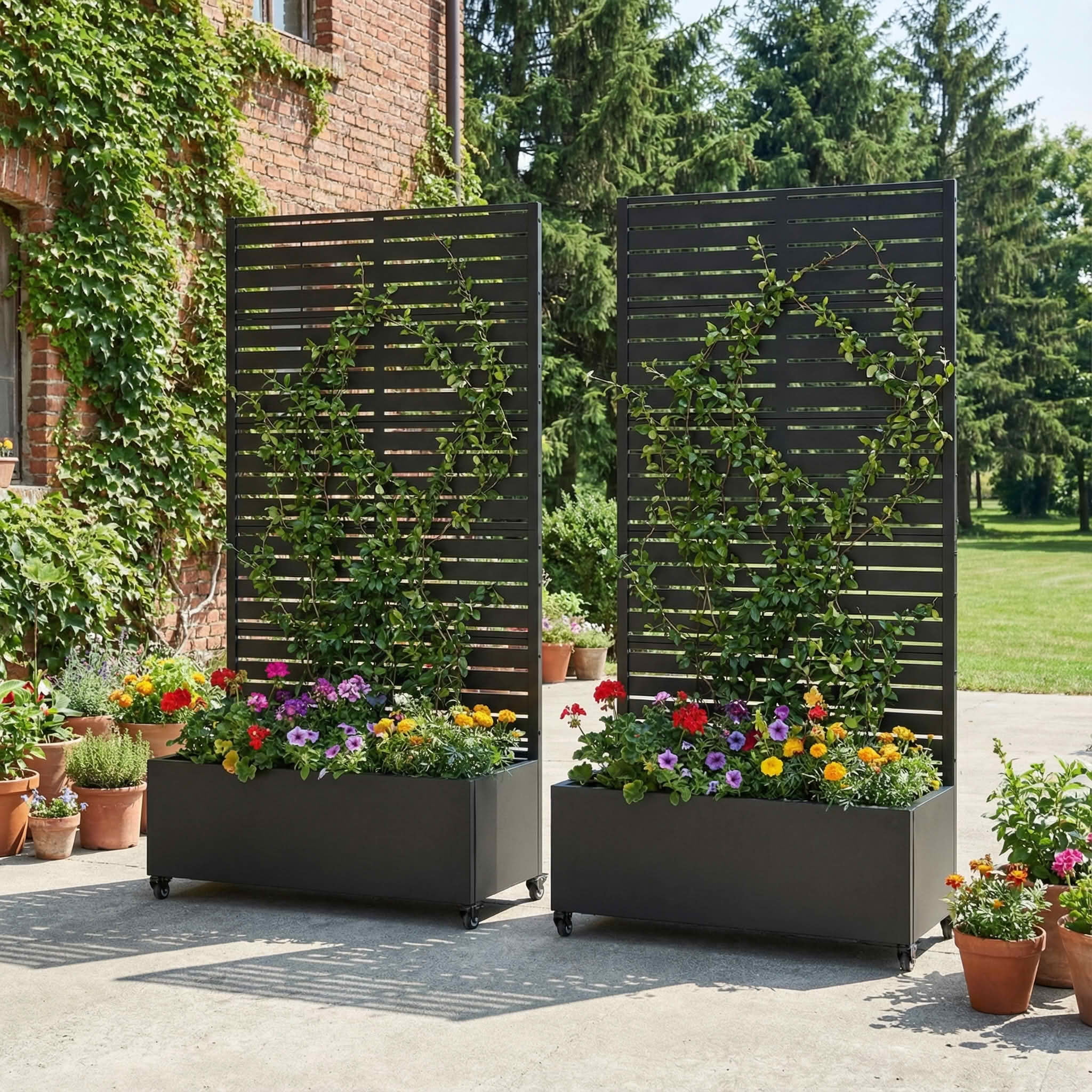 MAYEERTY 72x35 Black Double-sided Rectangular Iron Planter Box with Trellis, 5 Piece Set Decorative Garden Screen for Patio and Balcony