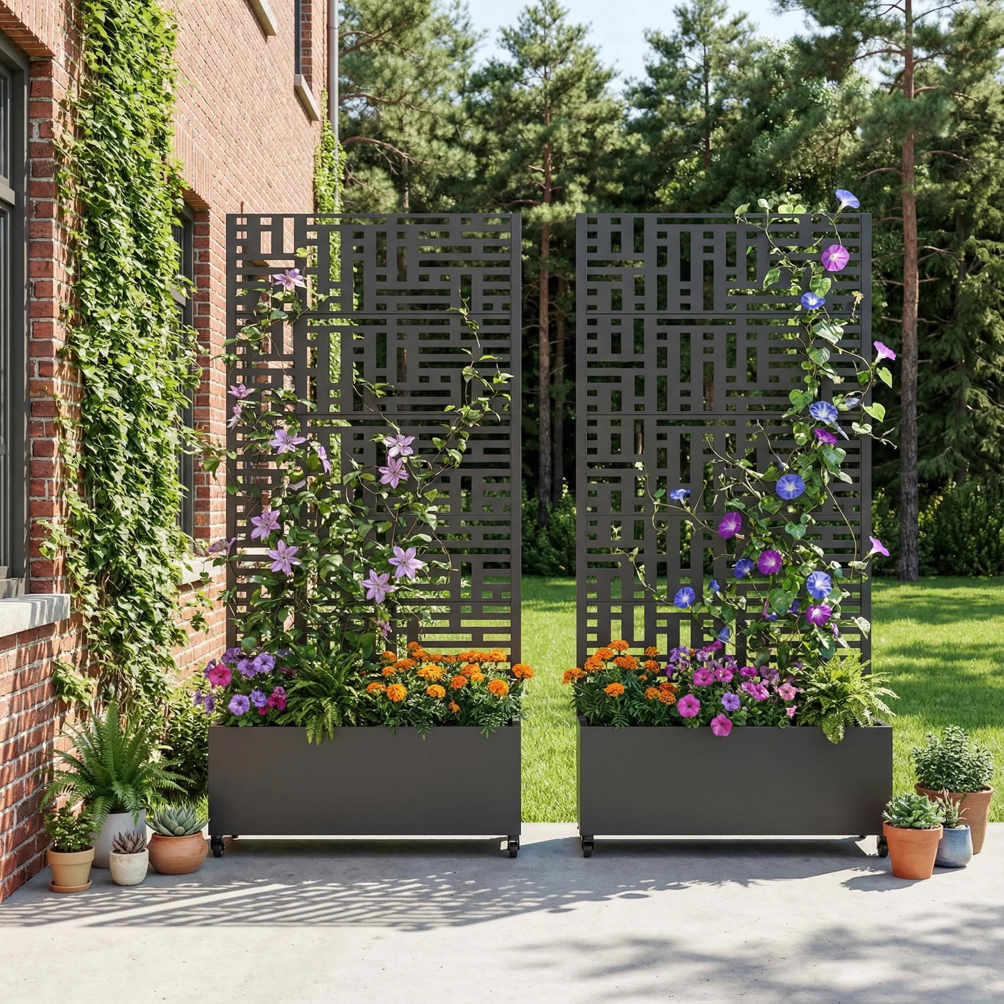 MAYEERTY 72x35x16 Inch Black Metal Double-sided Rectangular Planter Box with Trellis for Street, 5 Piece Set