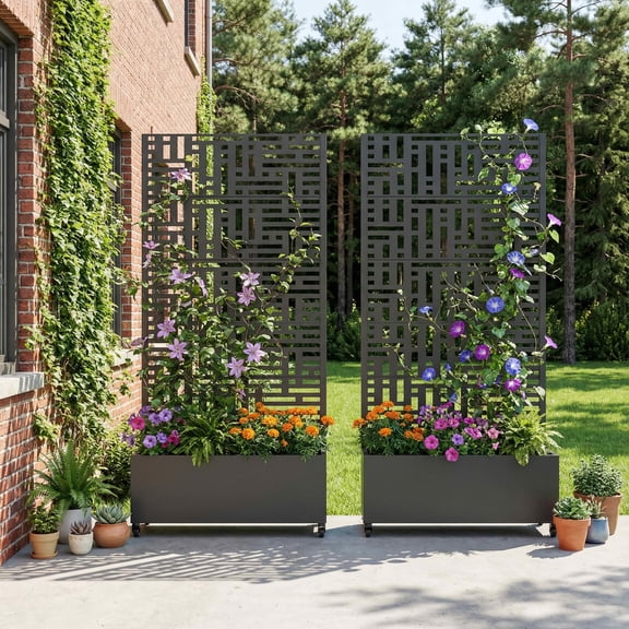 MAYEERTY 72x35x16 Inch Black Metal Double-sided Rectangular Planter Box with Trellis for Street, 5 Piece Set