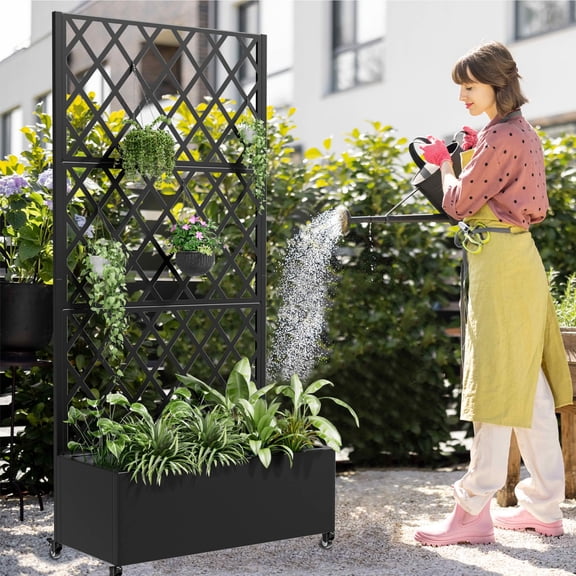 MAYEERTY 72x35x16 Inch Black Metal Rectangular Planter Box with Trellis, 3 Piece Set for Outdoor Garden & Patio