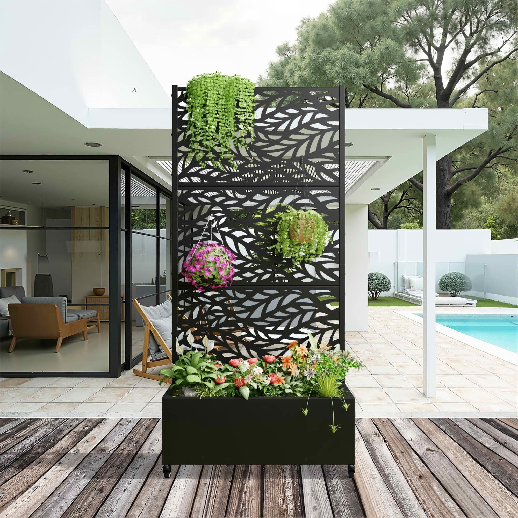 MAYEERTY 72x35x16 Inch Black Metal Rectangular Planter Box with Trellis, 3 Piece Set for Outdoor Garden & Patio