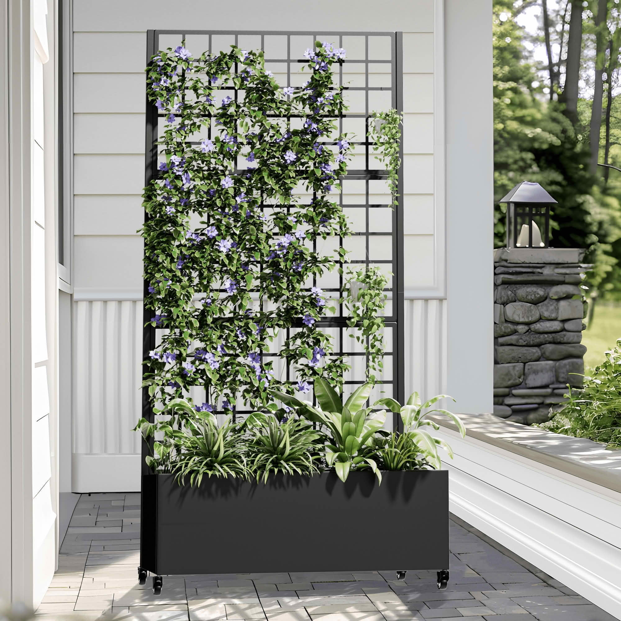 MAYEERTY 72x35x16 Inch Black Metal Rectangular Planter Box with Trellis, 5 Piece Set for Outdoor Garden & Patio