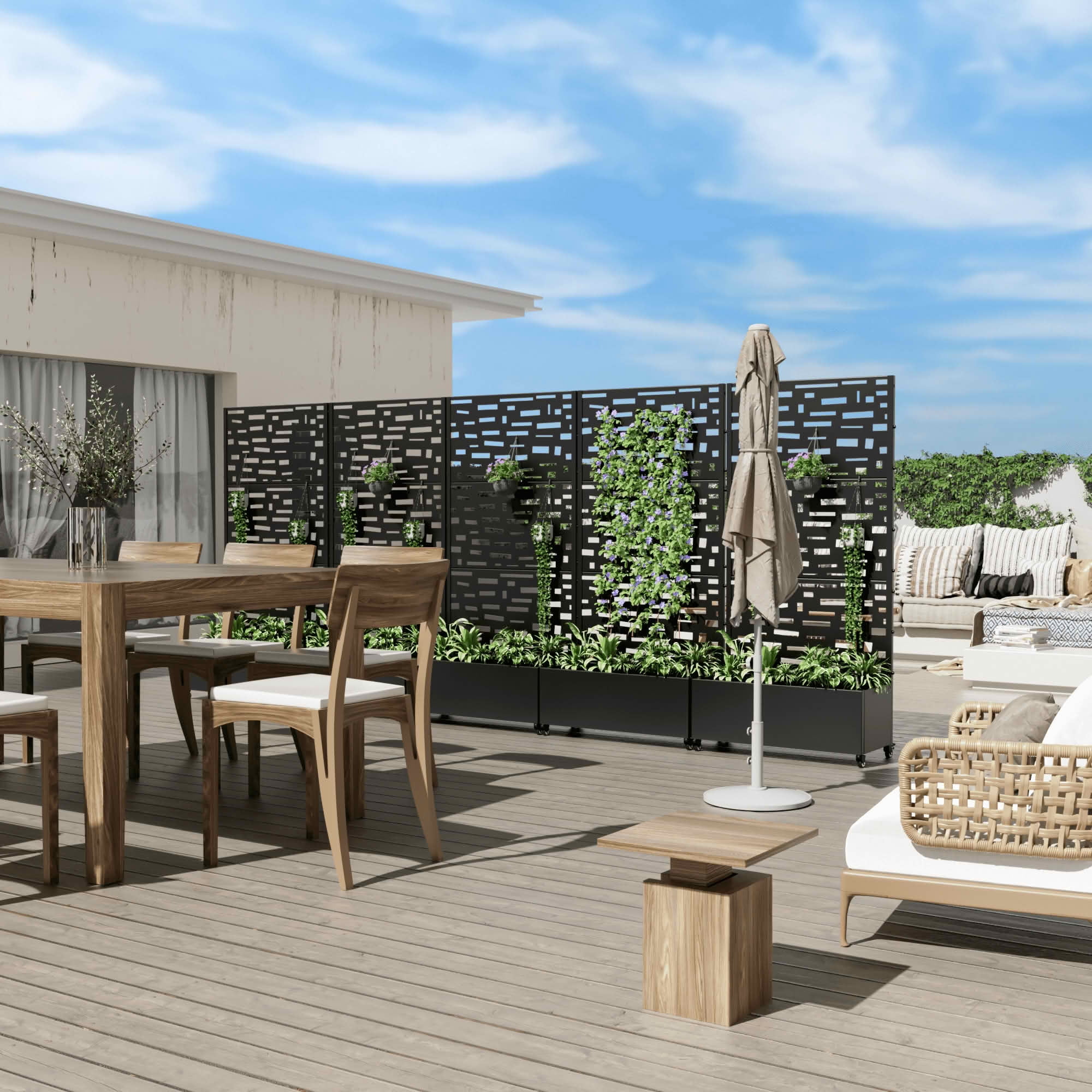 MAYEERTY 72x35x16 Inch Black Metal Rectangular Planter Box with Trellis, 5 Piece Set for Outdoor Garden & Patio