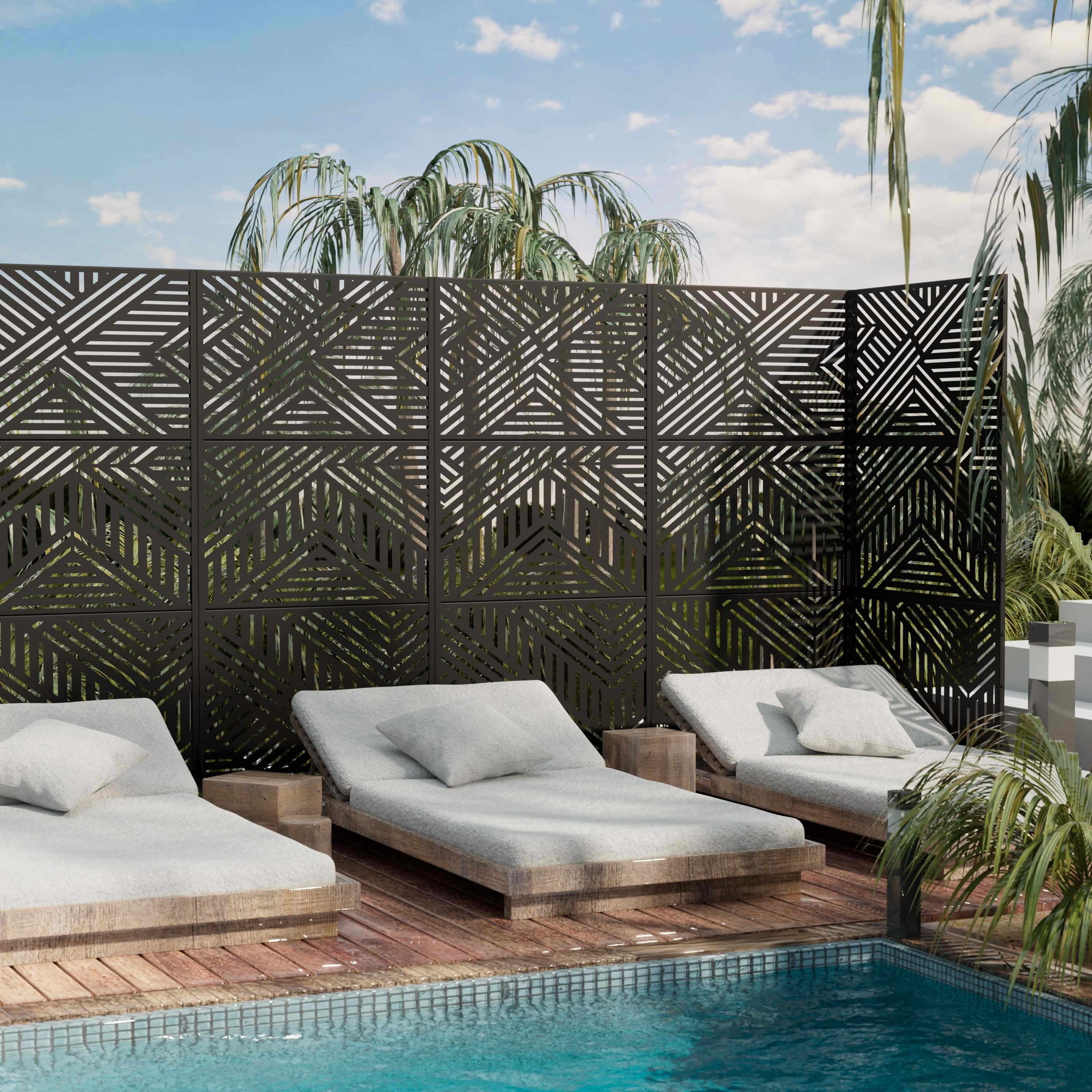 MAYEERTY 72x35x16 Inch Black Random Stripe Galvanized Steel Privacy Screen, 3 Piece Set for Outdoor Street