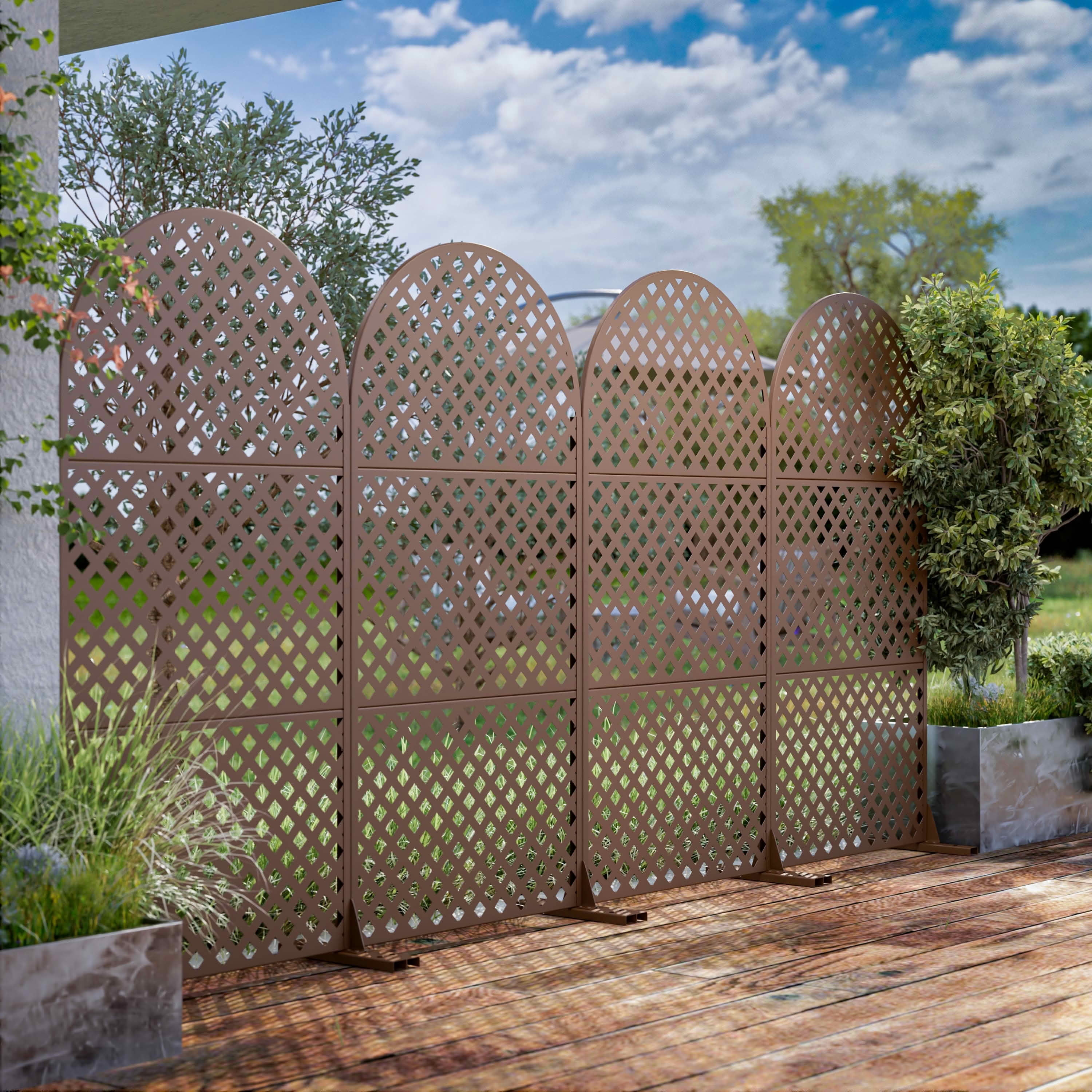 MAYEERTY 72x35x16 Inch Brown Diamond Arched Galvanized Steel Privacy Screen, 3 Piece Set for Outdoor Garden