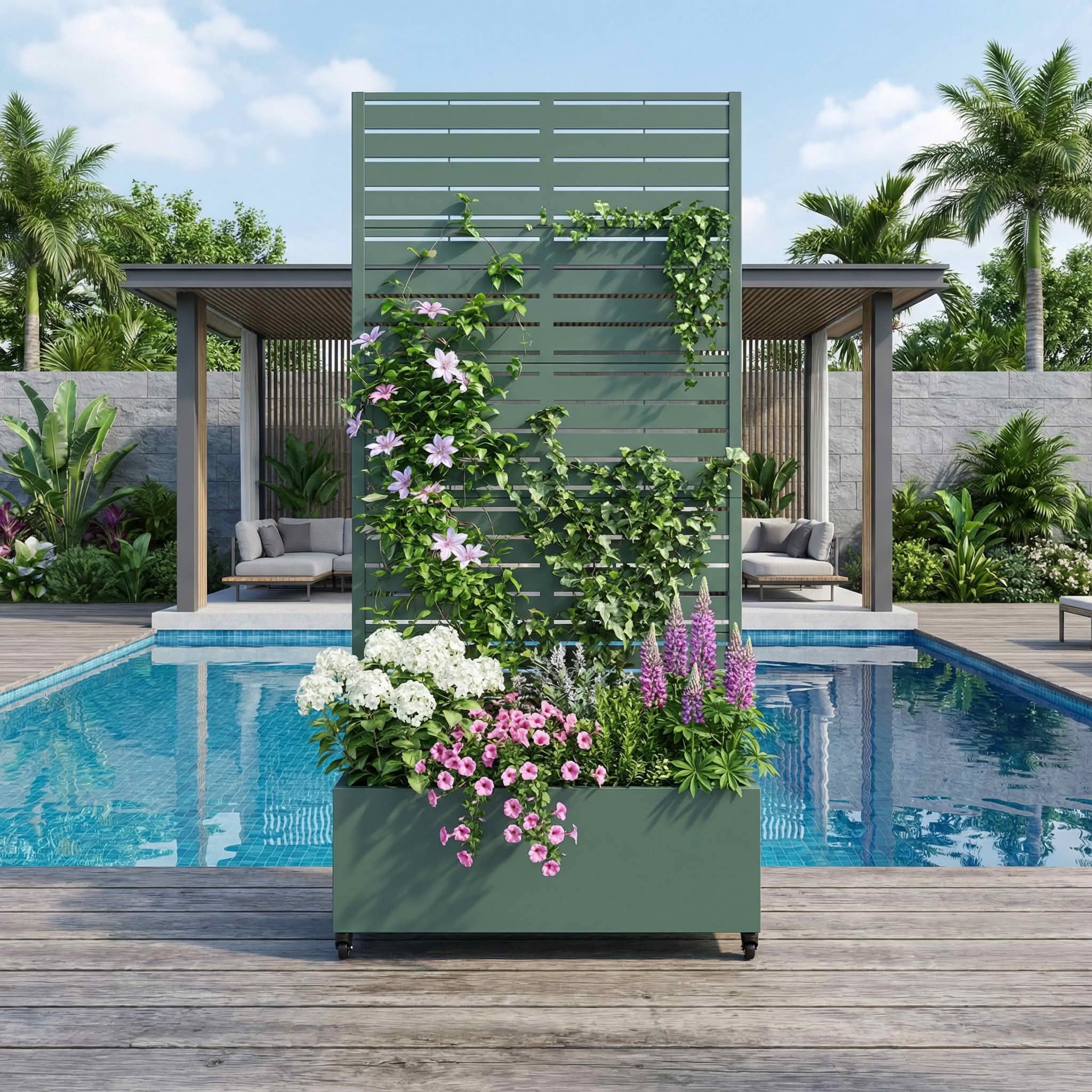 MAYEERTY 72x35x16 Inch Dark Green Metal Rectangular Planter Box with Trellis, 5 Piece Set for Outdoor Garden & Patio