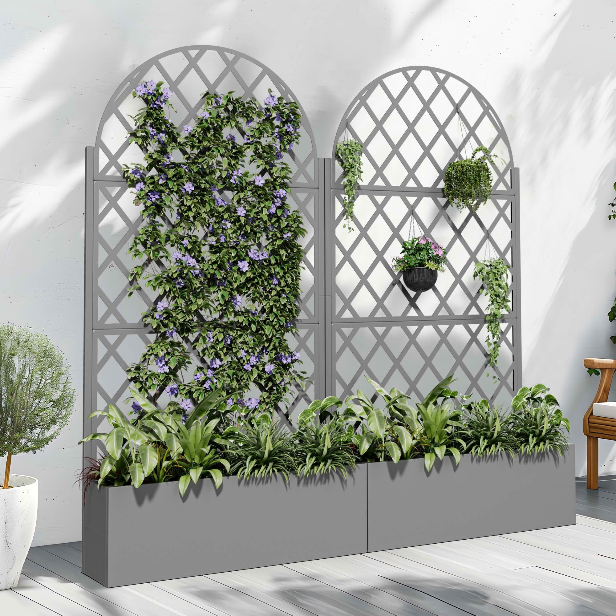 MAYEERTY 72x35x16 Inch Gray Metal Arched Planter Box with Trellis, 3 Piece Set for Outdoor Garden & Patio