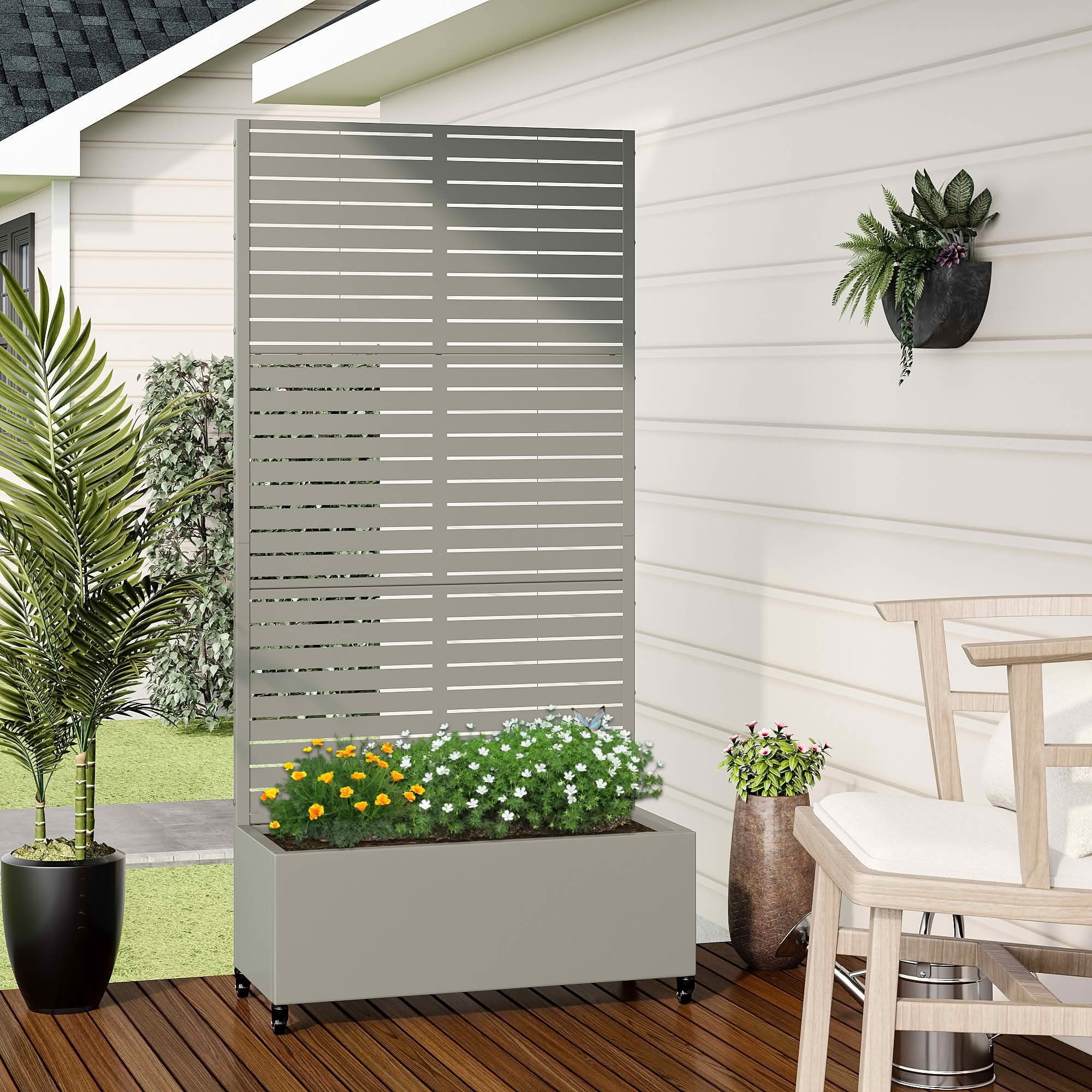 MAYEERTY 72x35x16 Inch Gray Metal Planter Box with Trellis for Outdoor Garden & Patio