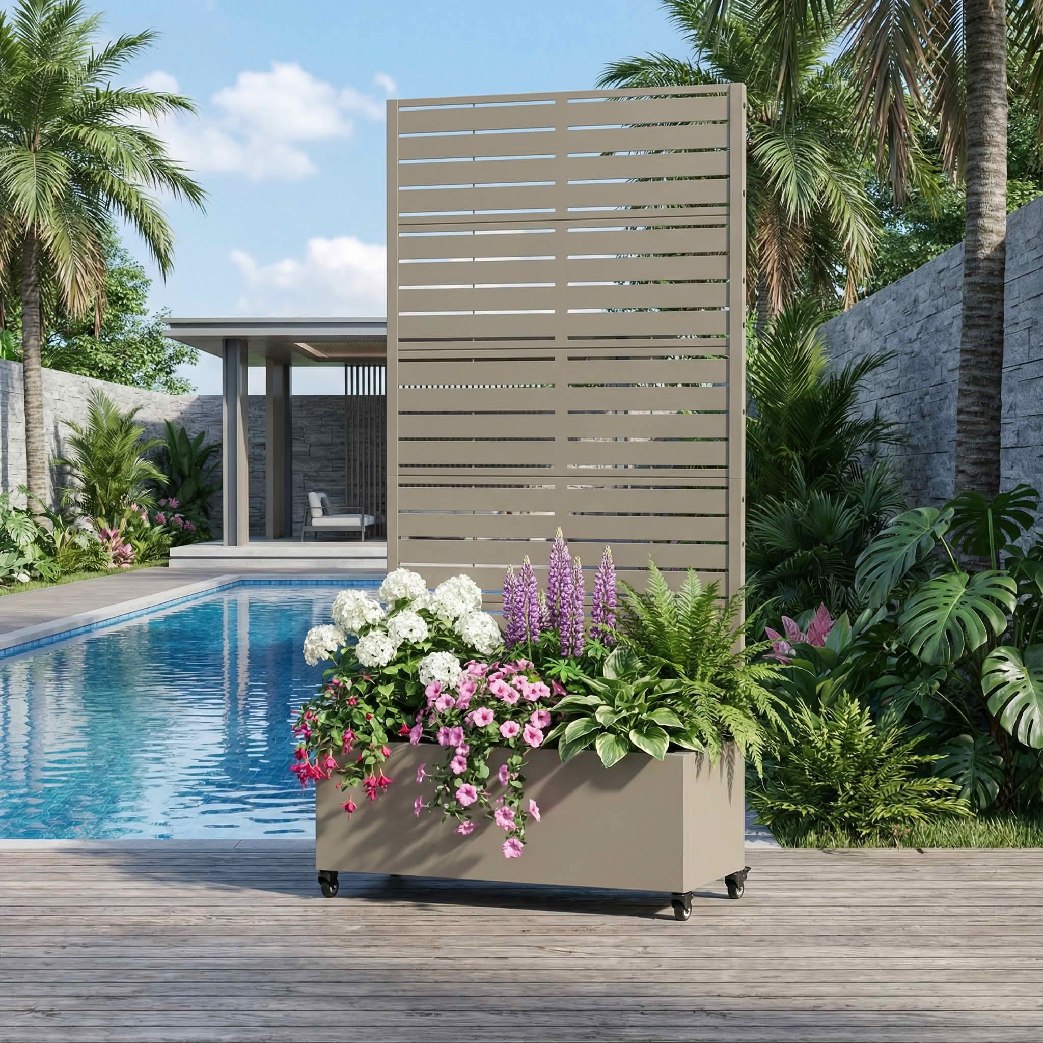 MAYEERTY 72x35x16 Inch Olive Gray Metal Rectangular Planter Box with Trellis, 5 Piece Set for Outdoor Garden & Patio
