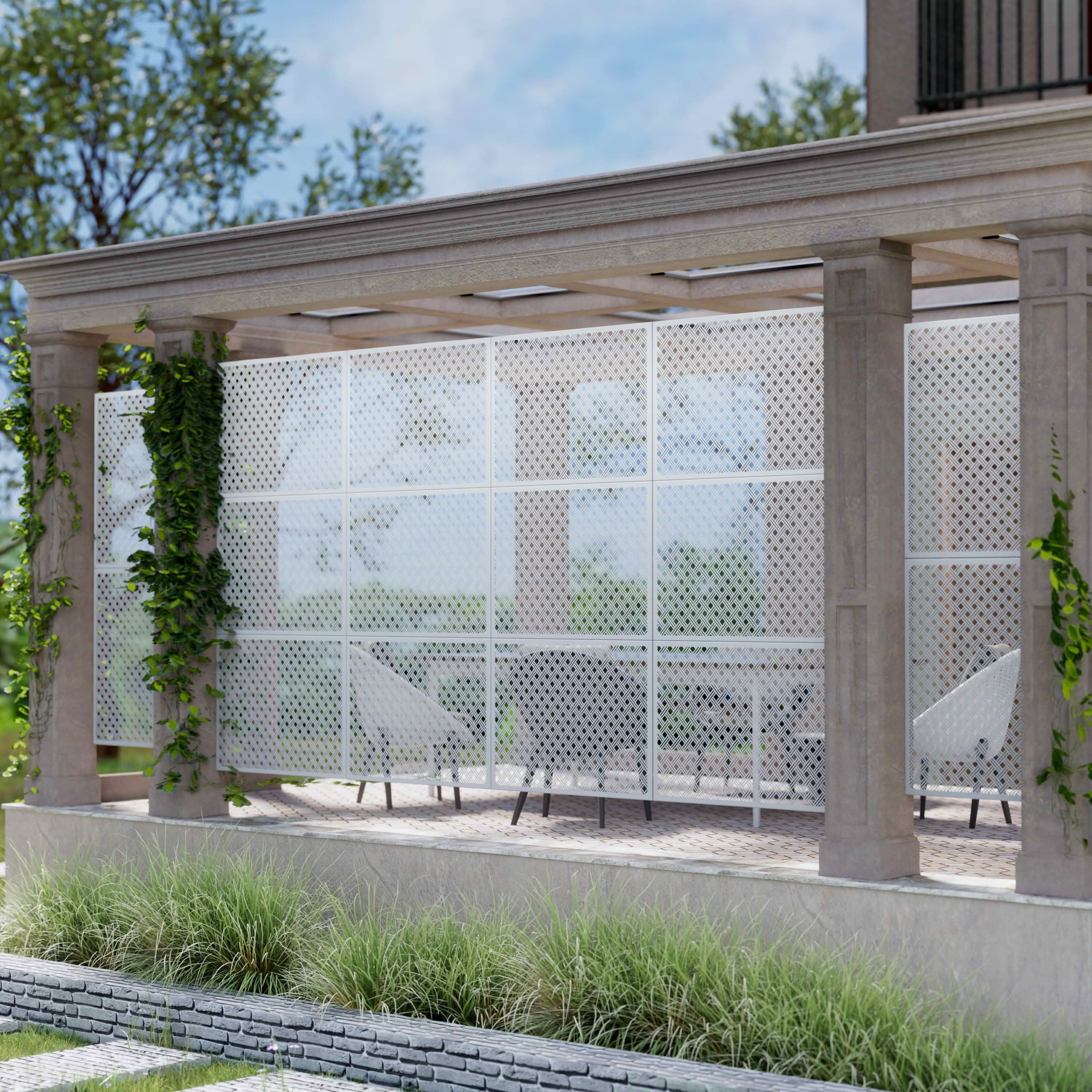 MAYEERTY 72x35x16 Inch White 2-Grid Woven Rectangular Galvanized Steel Privacy Screen, 3 Piece Set for Outdoor Garden