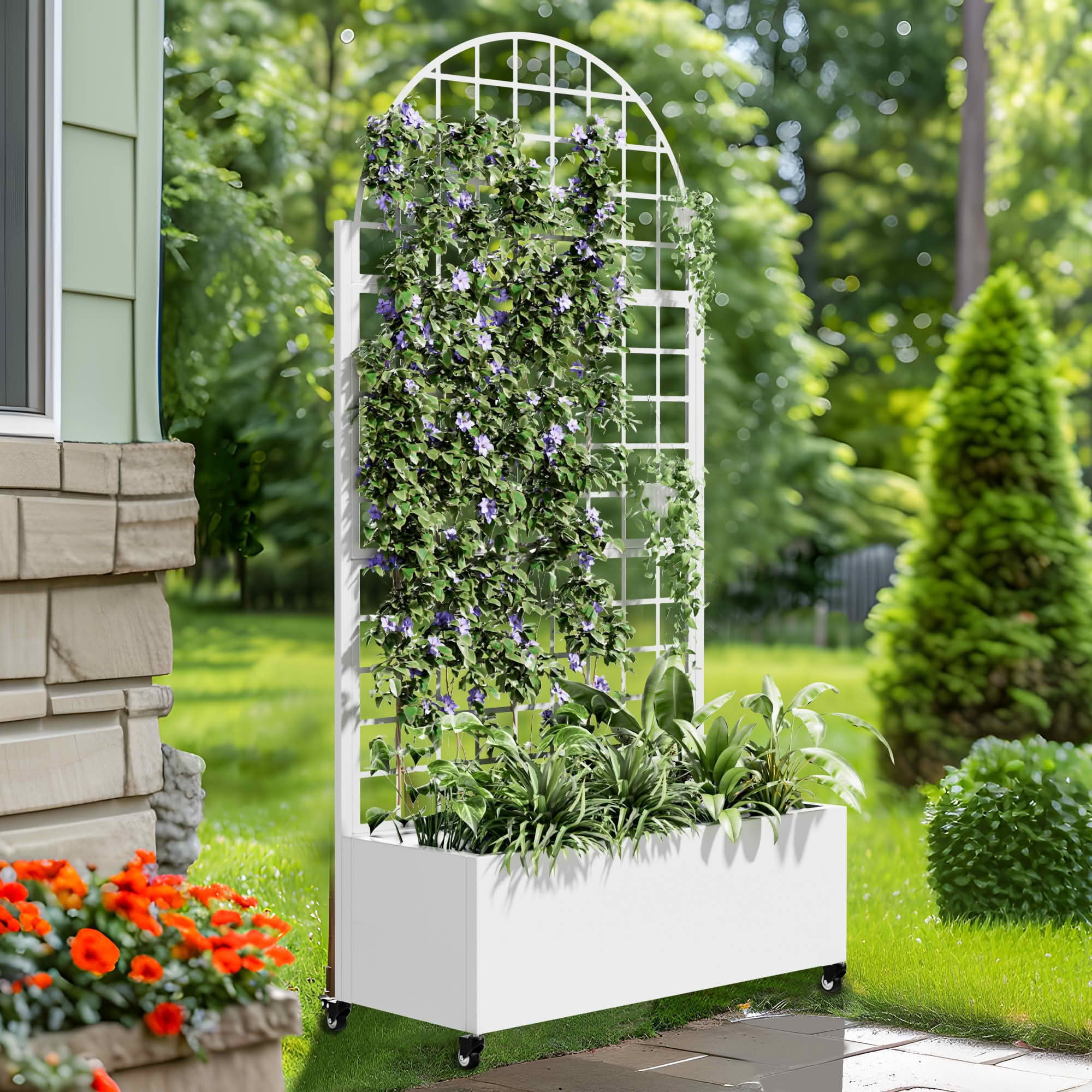 MAYEERTY 72x35x16 Inch White Metal Arched Planter Box with Trellis, 3 Piece Set for Outdoor Garden & Patio