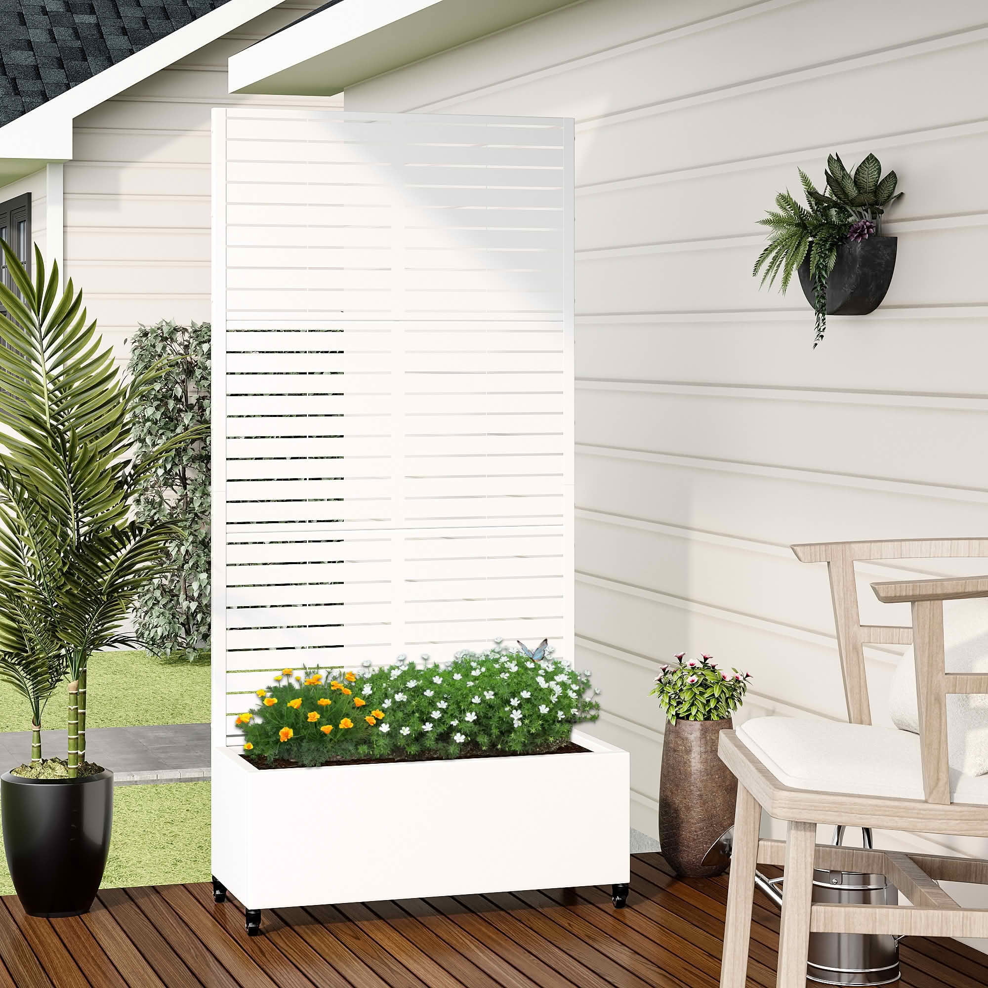 MAYEERTY 72x35x16 Inch White Metal Rectangular Planter Box with Trellis, 5 Piece Set for Outdoor Garden & Patio