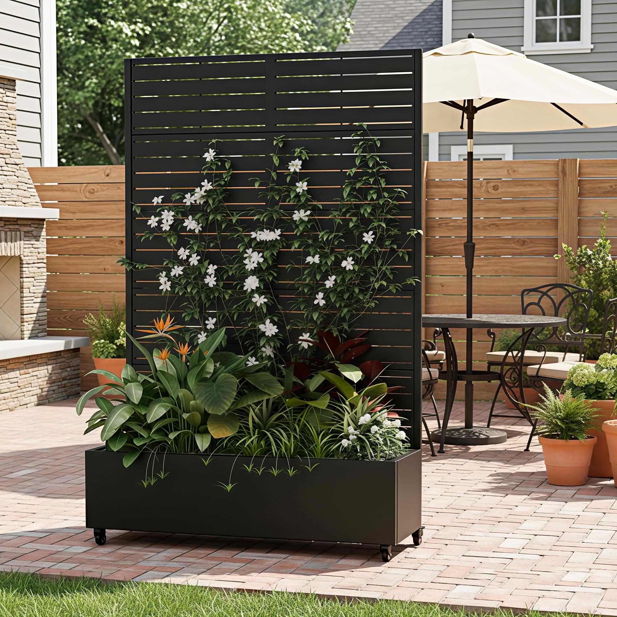 MAYEERTY 72x47 Black Arched Iron Planter Box with Trellis, 5 Piece Set Decorative Garden Screen for Patio and Balcony