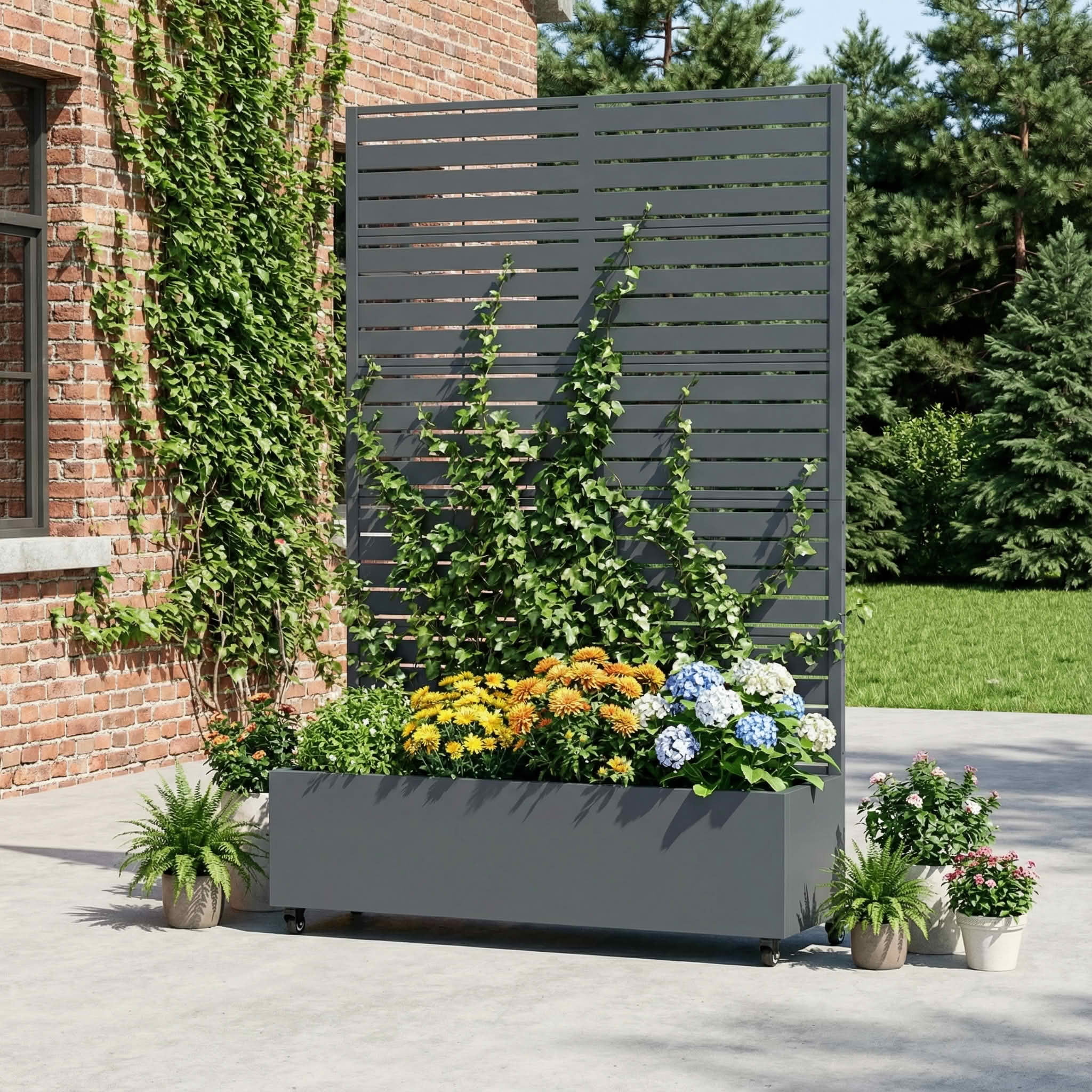 MAYEERTY 72x47 Gray Rectangular Iron Planter Box with Trellis, 5 Piece Set Decorative Garden Screen for Patio and Balcony