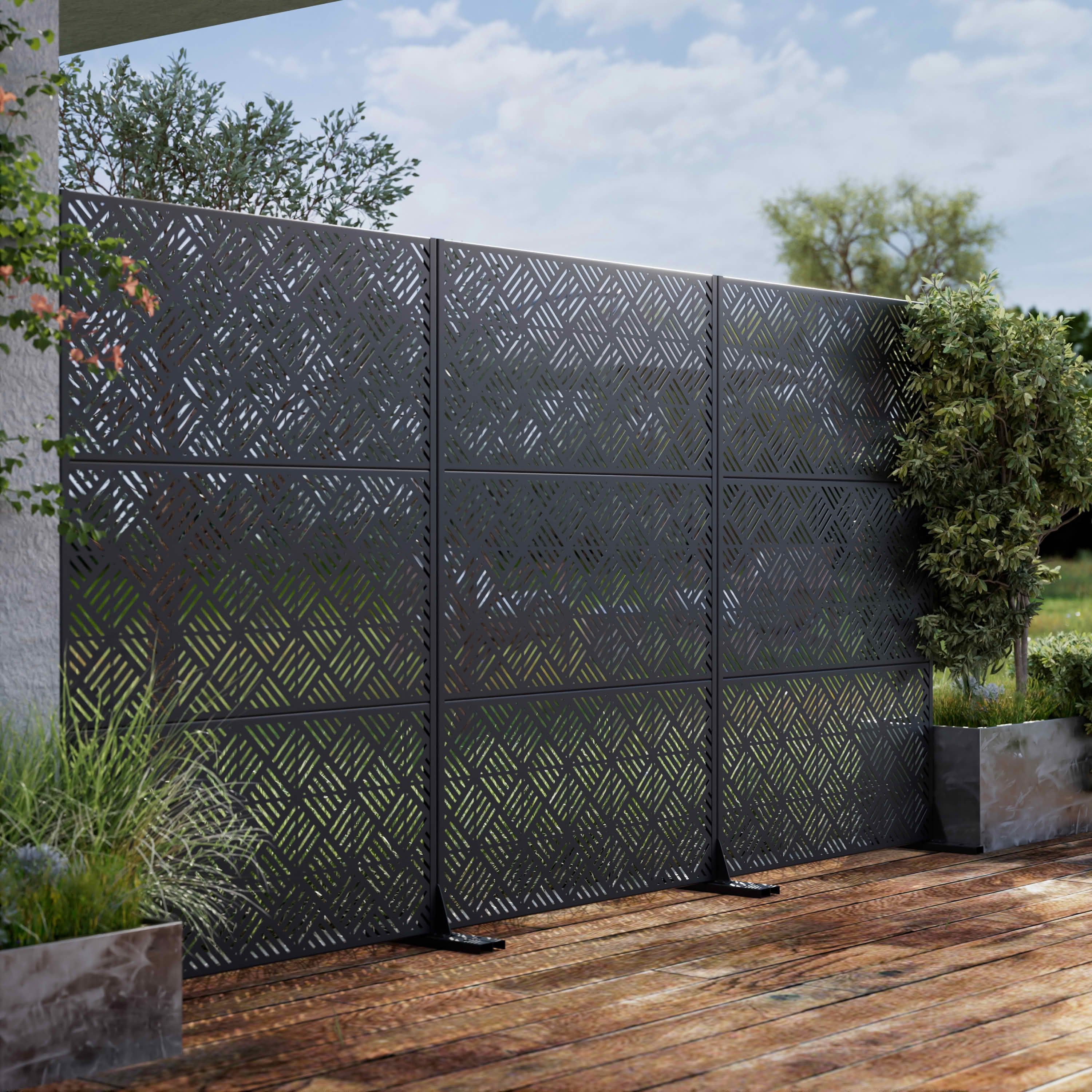 MAYEERTY 72x47x16 Inch Black 5-Grid Woven Galvanized Steel Privacy Screen for Outdoor Garden