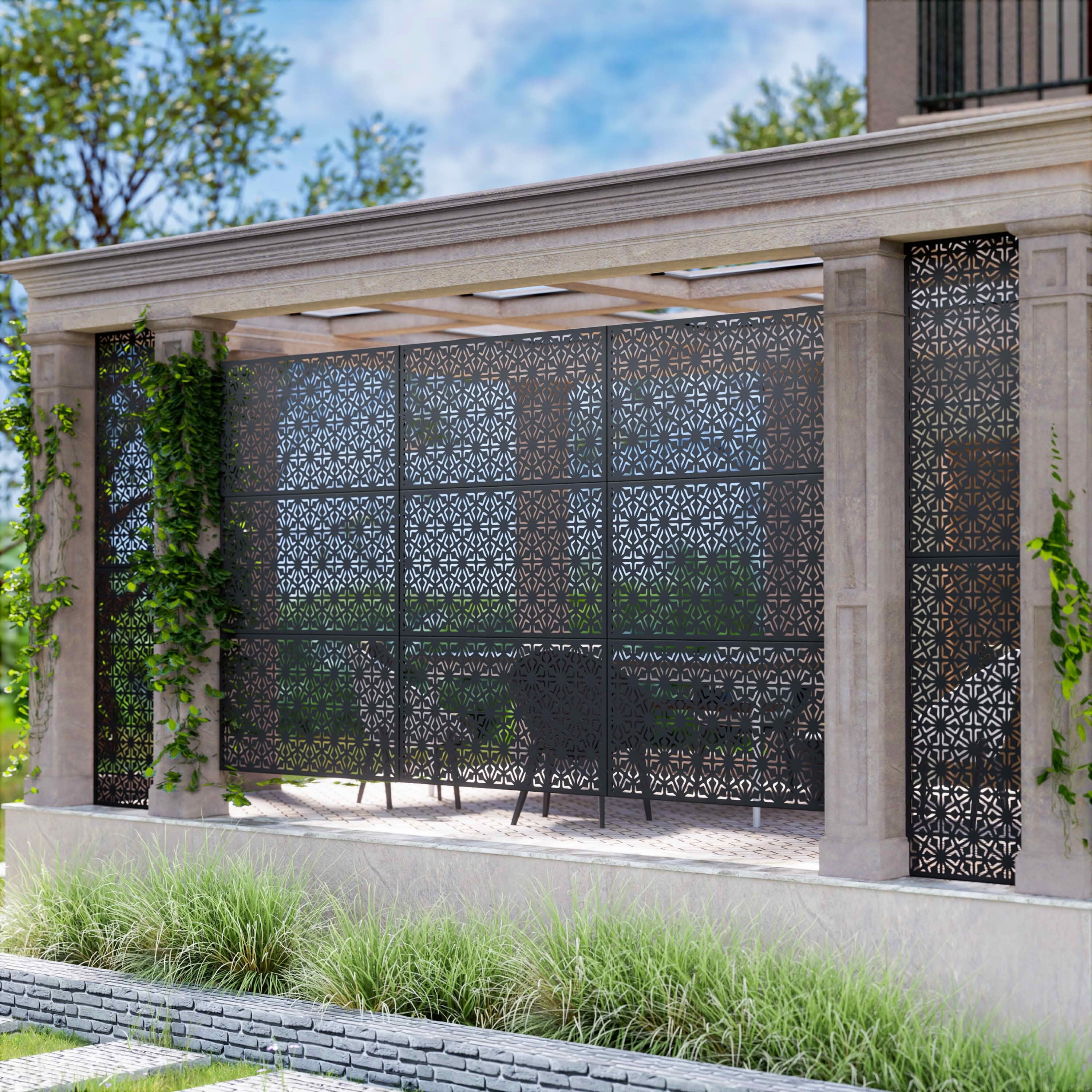 MAYEERTY 72x47x16 Inch Black 6-Leaf Hexagonal Galvanized Steel Privacy Screen, 6 Piece Set for Outdoor Garden