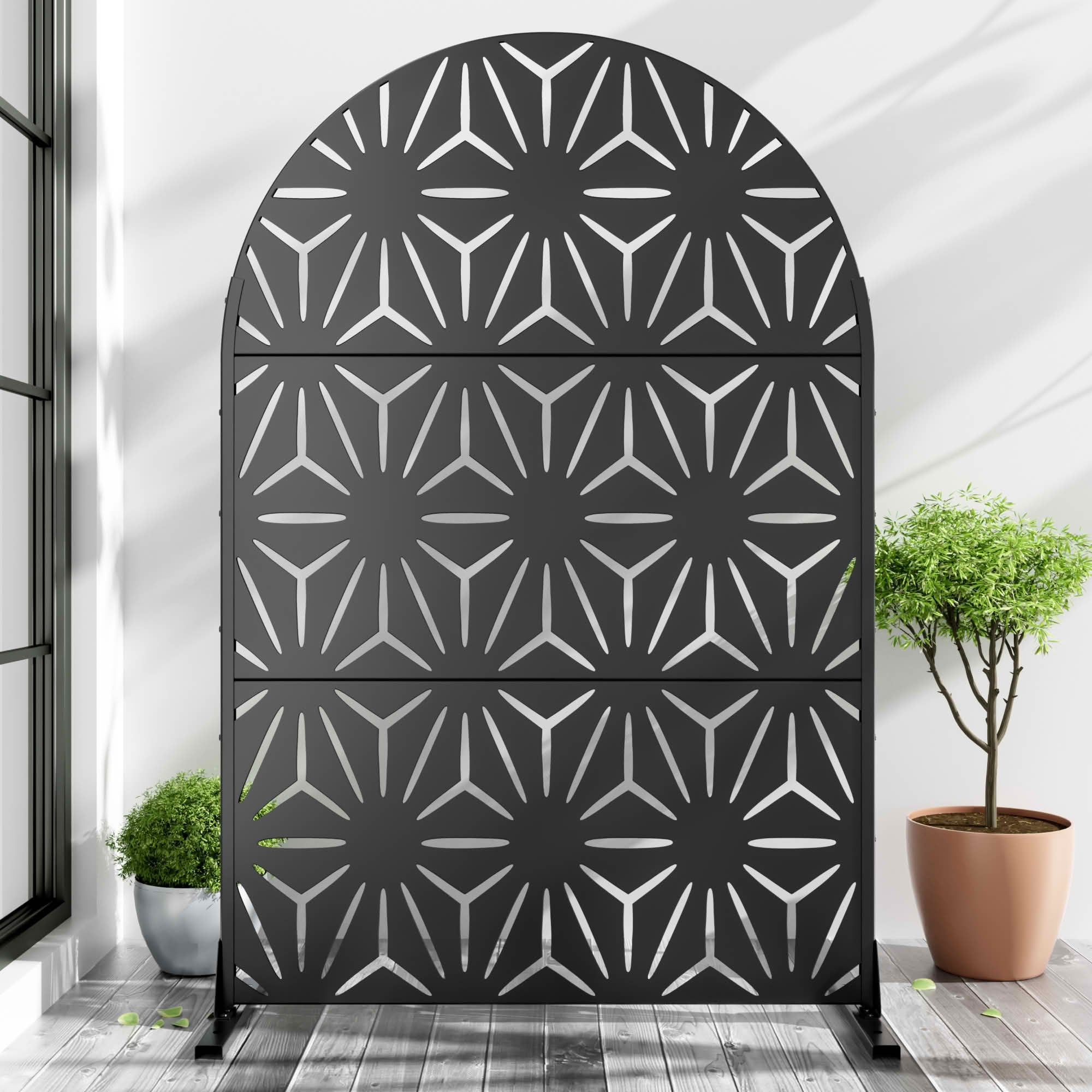 MAYEERTY 72x47x16 Inch Black Arched Galvanized Steel Privacy Screen, 3 Piece Set for Outdoor Garden