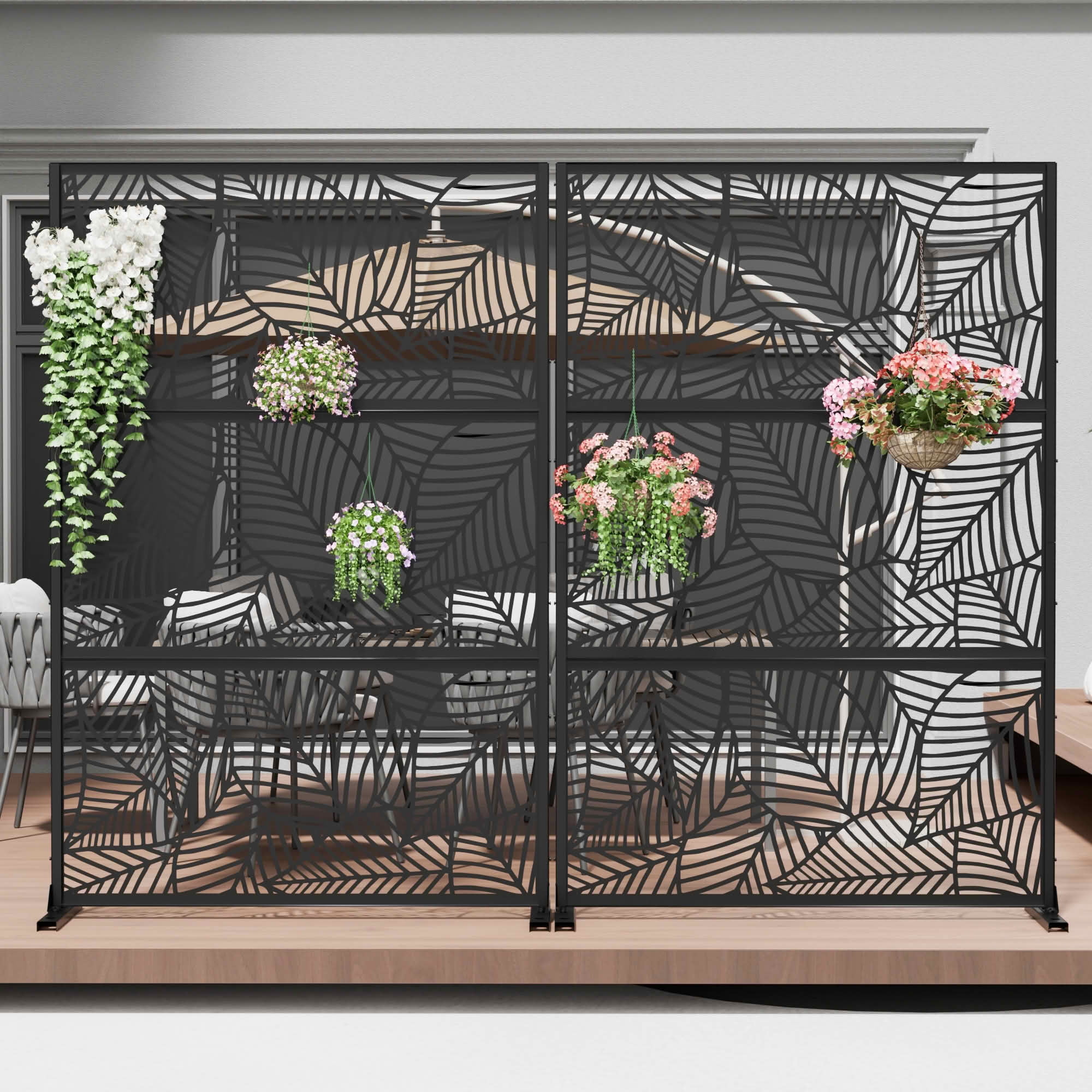 MAYEERTY 72x47x16 Inch Black Leaf Pattern Galvanized Steel Privacy Screen, 3 Piece Set for Outdoor Garden
