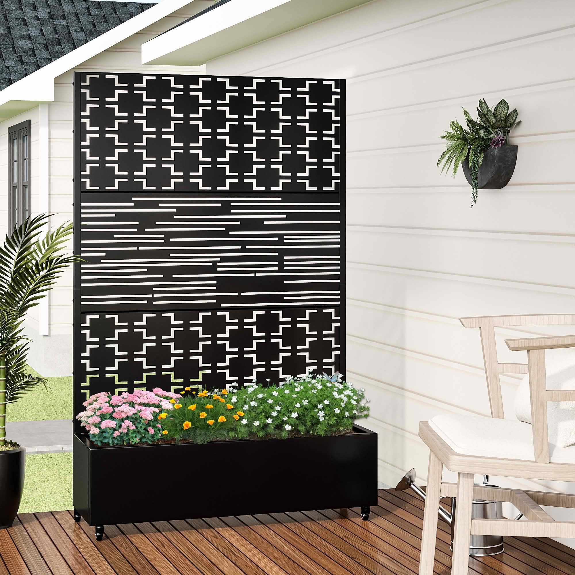 MAYEERTY 72x47x16 Inch Black Metal Planter Box with Trellis for Outdoor Garden & Patio