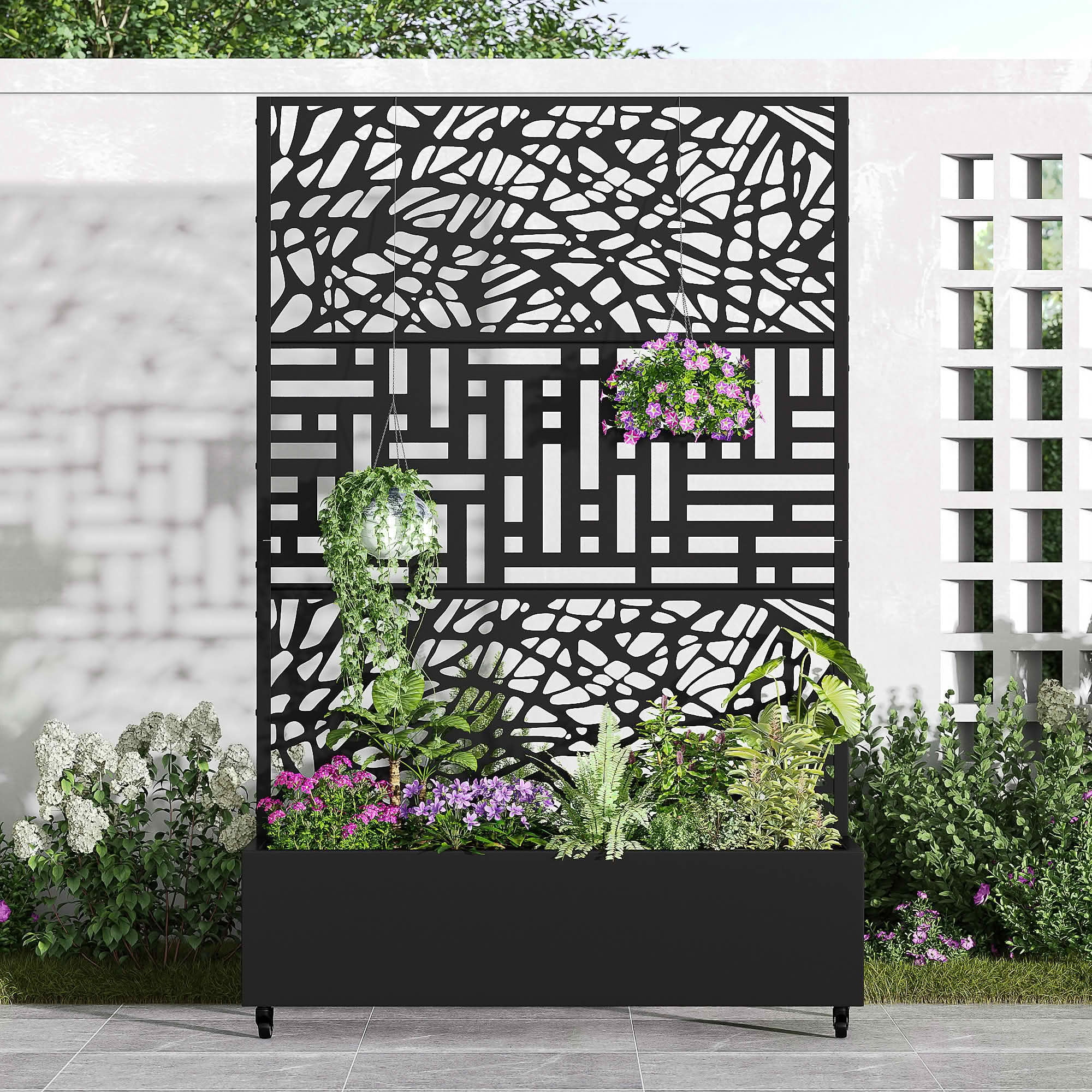 MAYEERTY 72x47x16 Inch Black Metal Planter Box with Trellis for Outdoor Garden & Patio