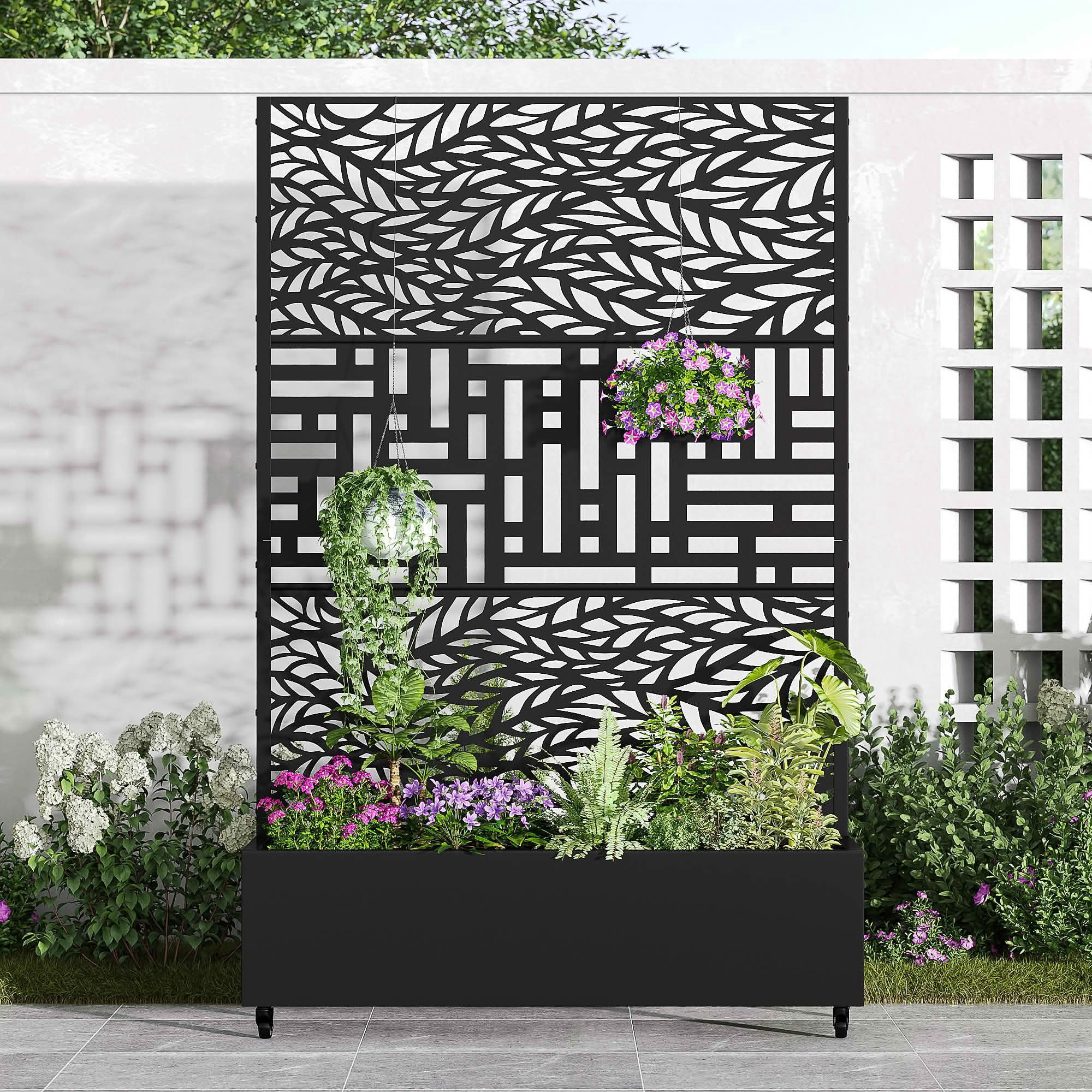 MAYEERTY 72x47x16 Inch Black Metal Planter Box with Trellis for Outdoor Garden & Patio