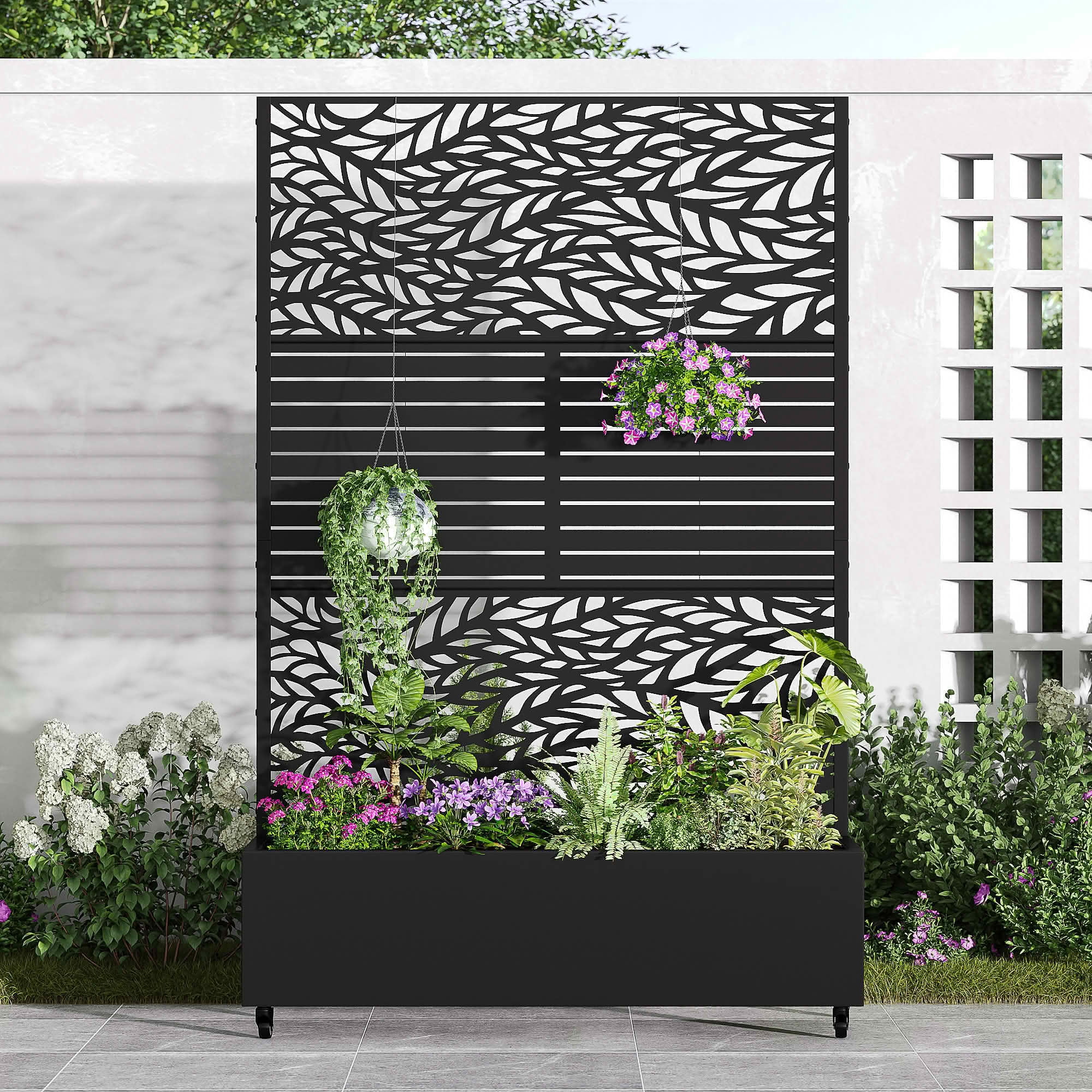 MAYEERTY 72x47x16 Inch Black Metal Planter Box with Trellis for Outdoor Garden & Patio