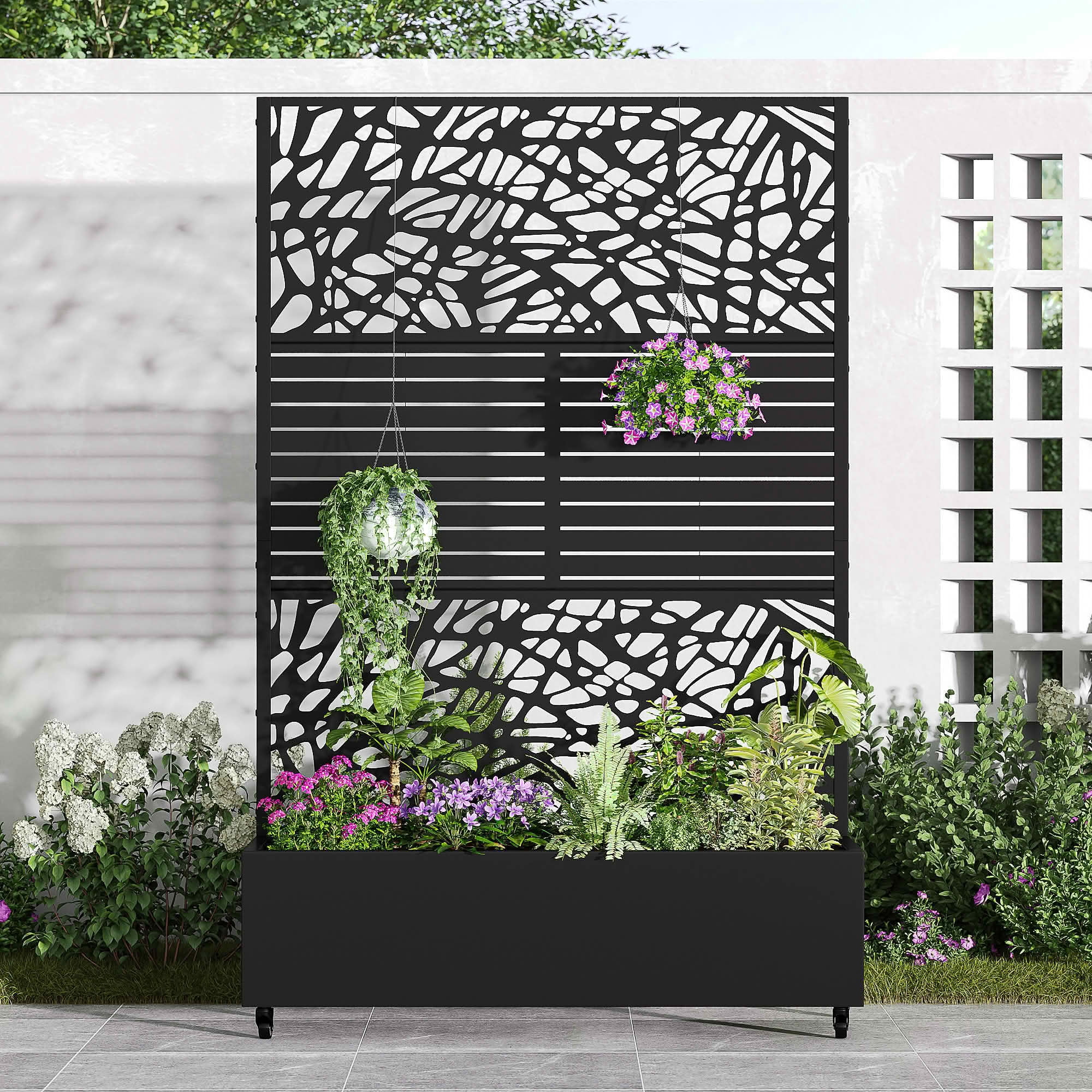 MAYEERTY 72x47x16 Inch Black Metal Planter Box with Trellis for Outdoor Garden & Patio