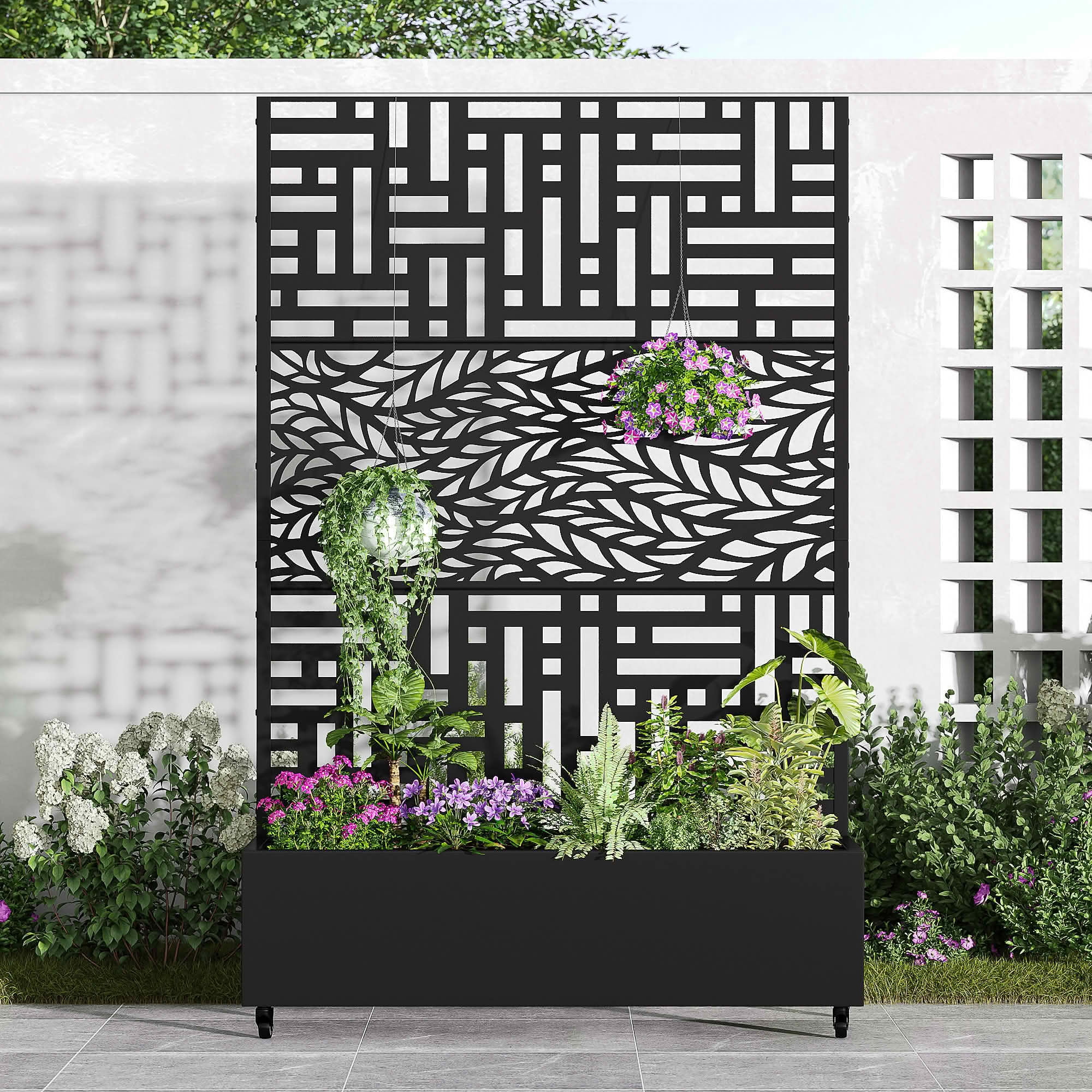 MAYEERTY 72x47x16 Inch Black Metal Planter Box with Trellis for Outdoor Garden & Patio