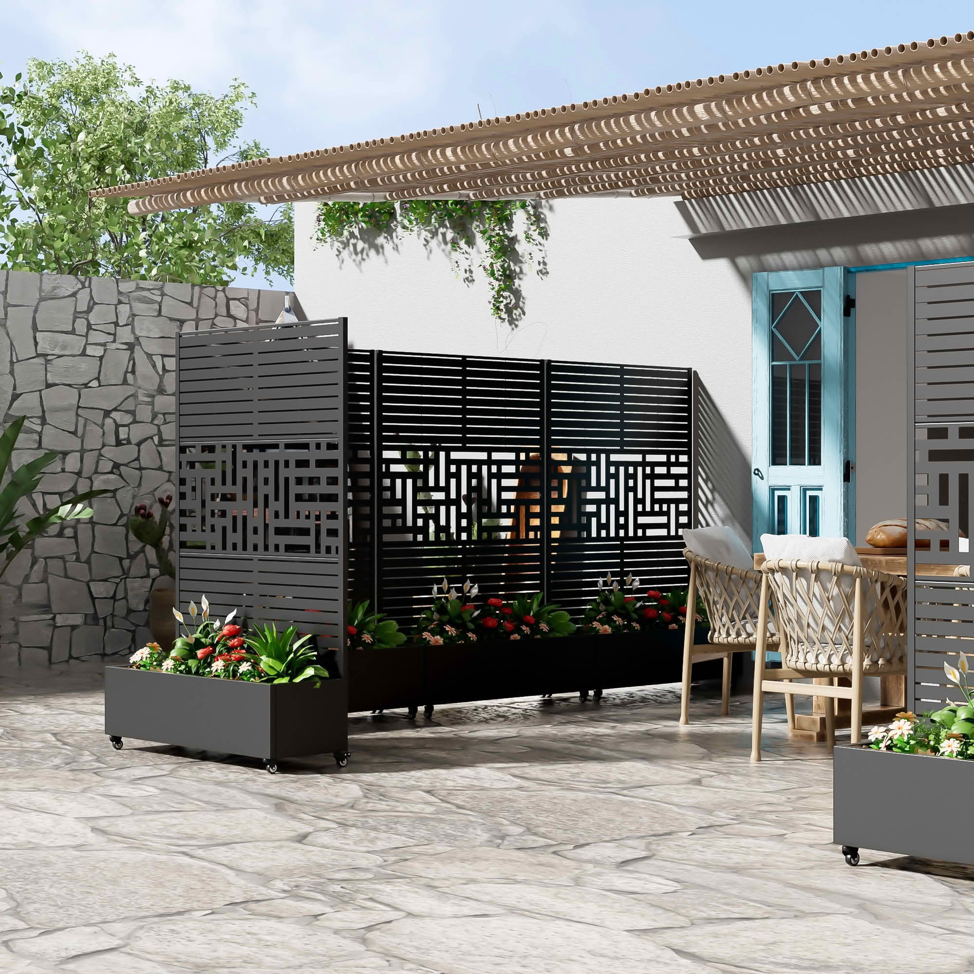 MAYEERTY 72x47x16 Inch Black Metal Planter Box with Trellis for Outdoor Garden & Patio