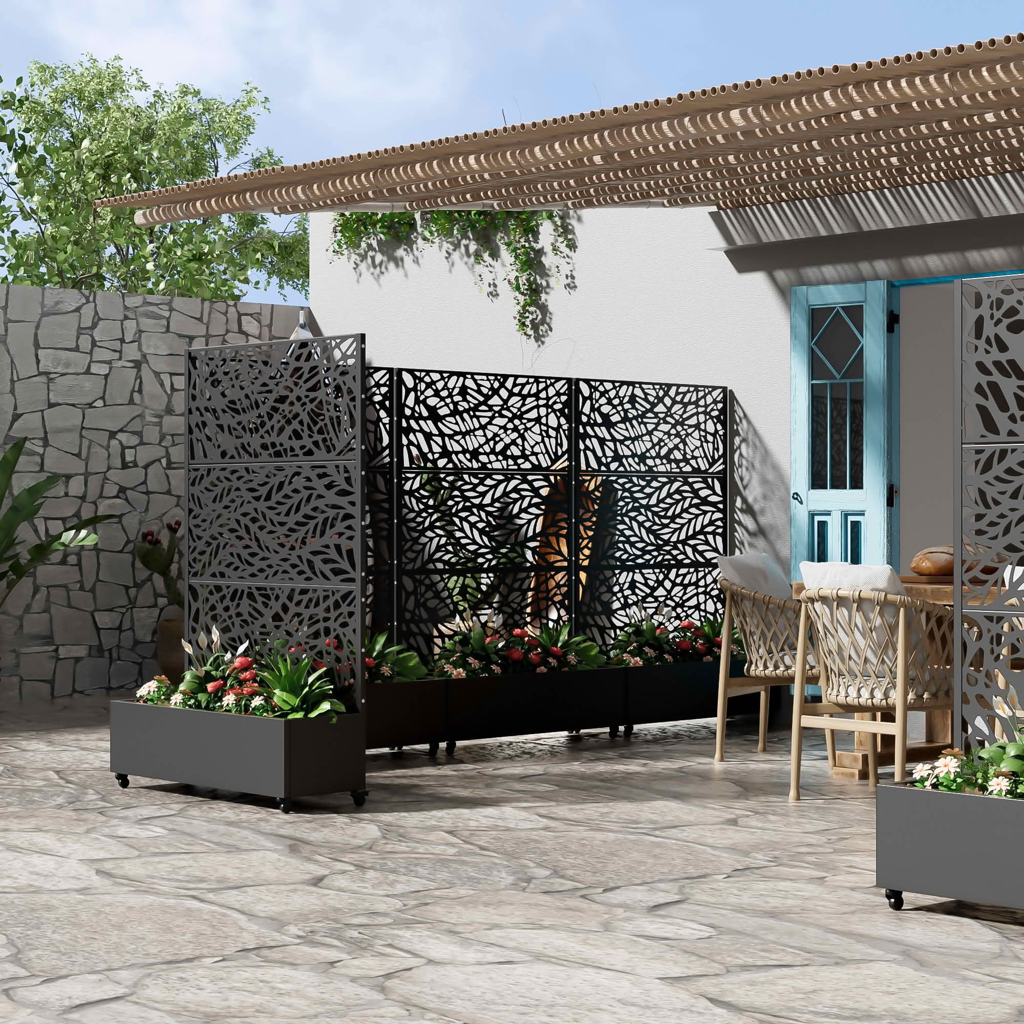 MAYEERTY 72x47x16 Inch Black Metal Planter Box with Trellis for Outdoor Garden & Patio