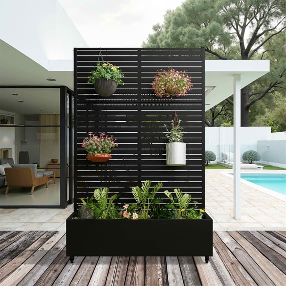 MAYEERTY 72x47x16 Inch Black Metal Rectangular Planter Box with Trellis, 5 Piece Set for Outdoor Garden & Patio