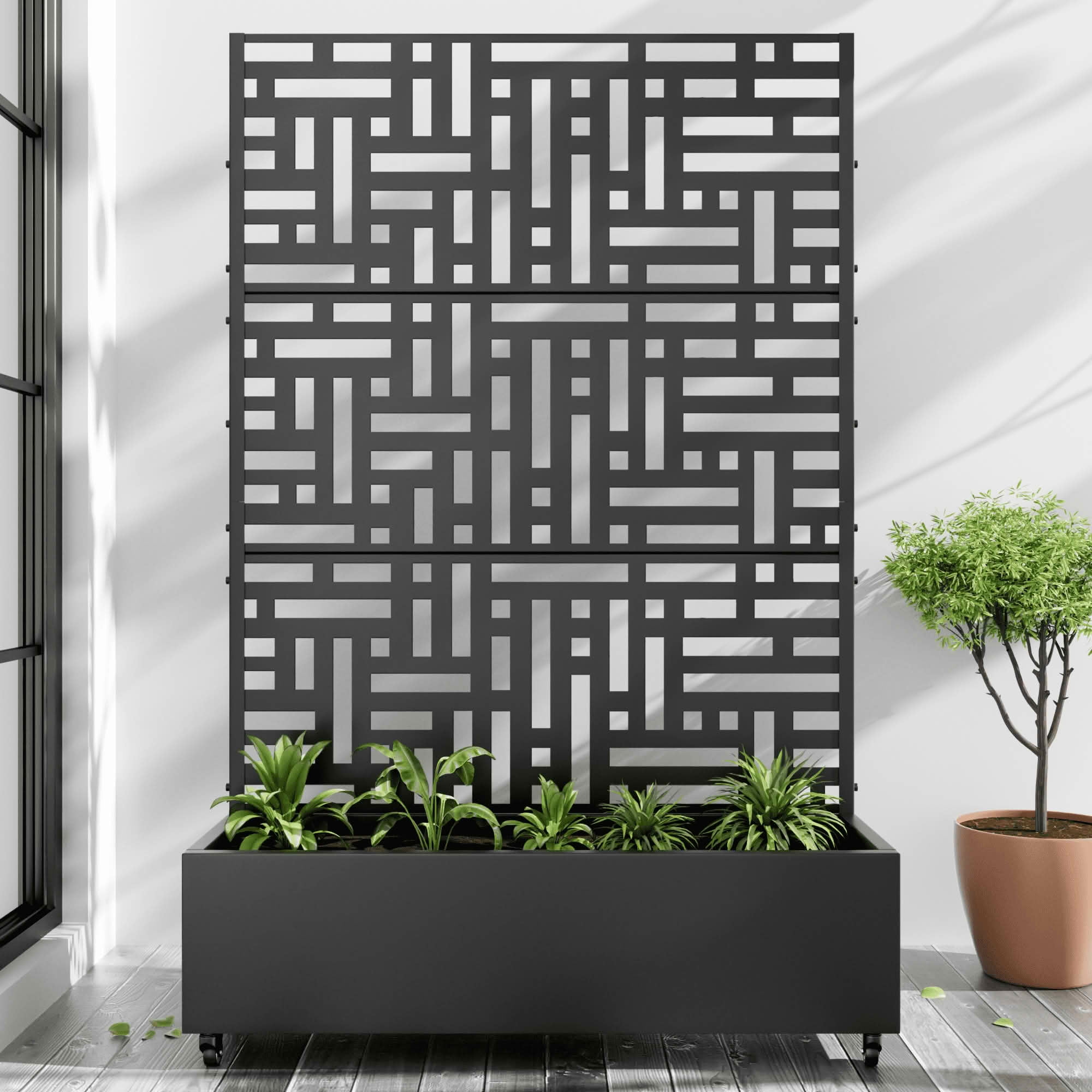 MAYEERTY 72x47x16 Inch Black Metal Rectangular Planter Box with Trellis for Street, 5 Piece Set