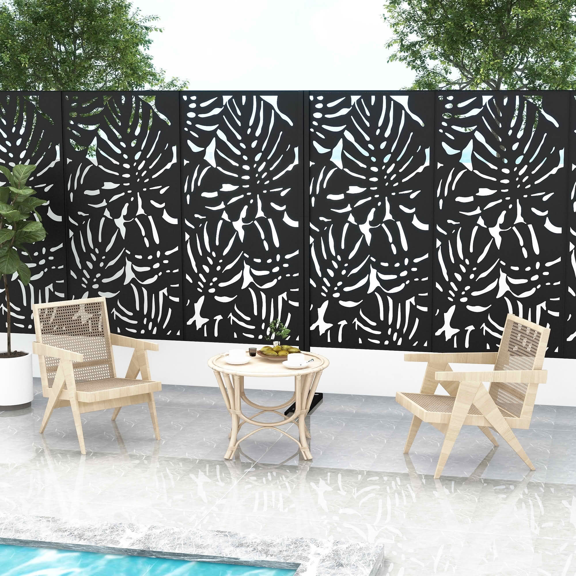 MAYEERTY 72x47x16 Inch Black Monstera Galvanized Steel Privacy Screen, 3 Piece Set for Outdoor Garden
