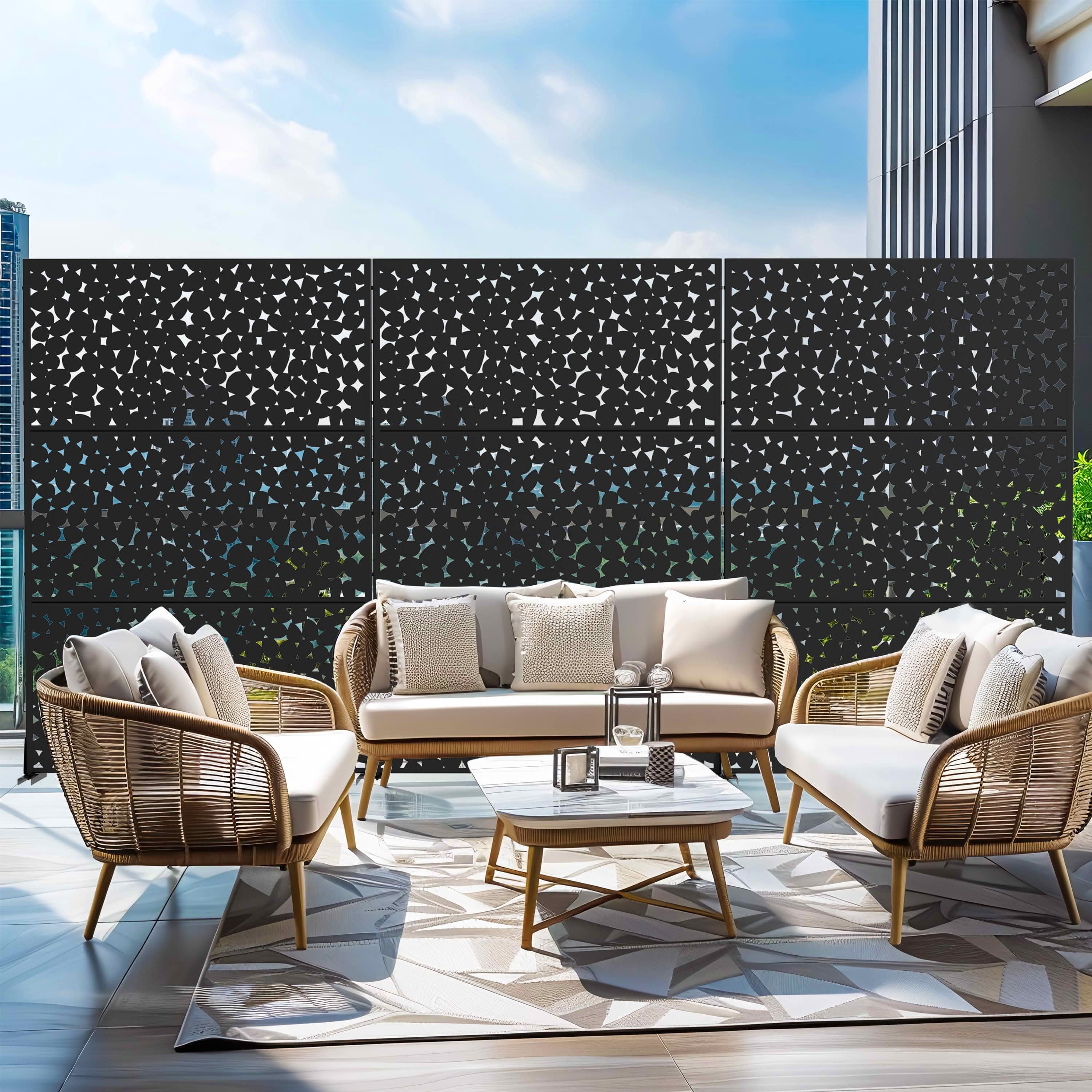 MAYEERTY 72x47x16 Inch Black Rain Stone Rectangular Galvanized Steel Privacy Screen, 3 Piece Set for Outdoor Garden