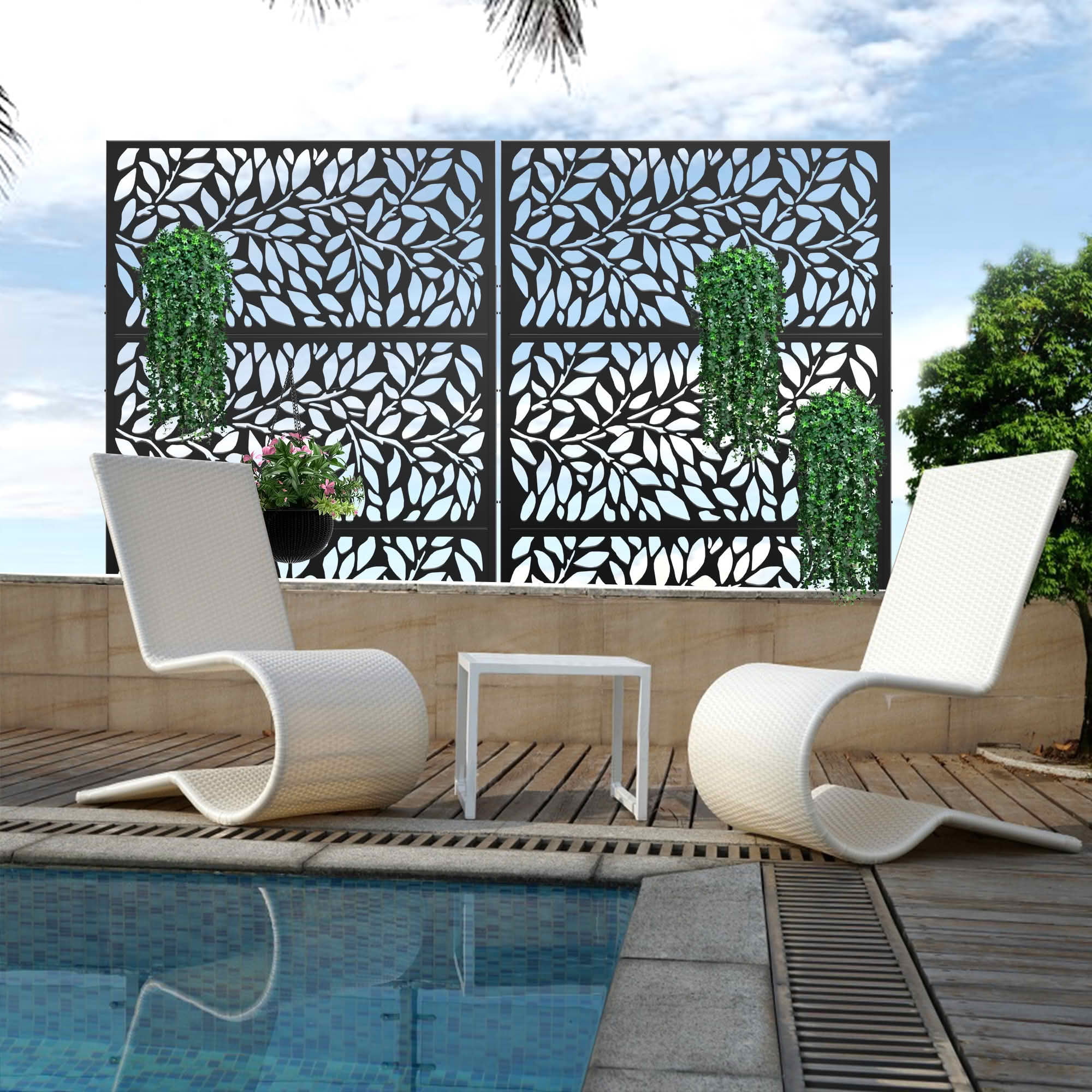 MAYEERTY 72x47x16 Inch Black Spring Leaf Galvanized Steel Privacy Screen for Outdoor Patio