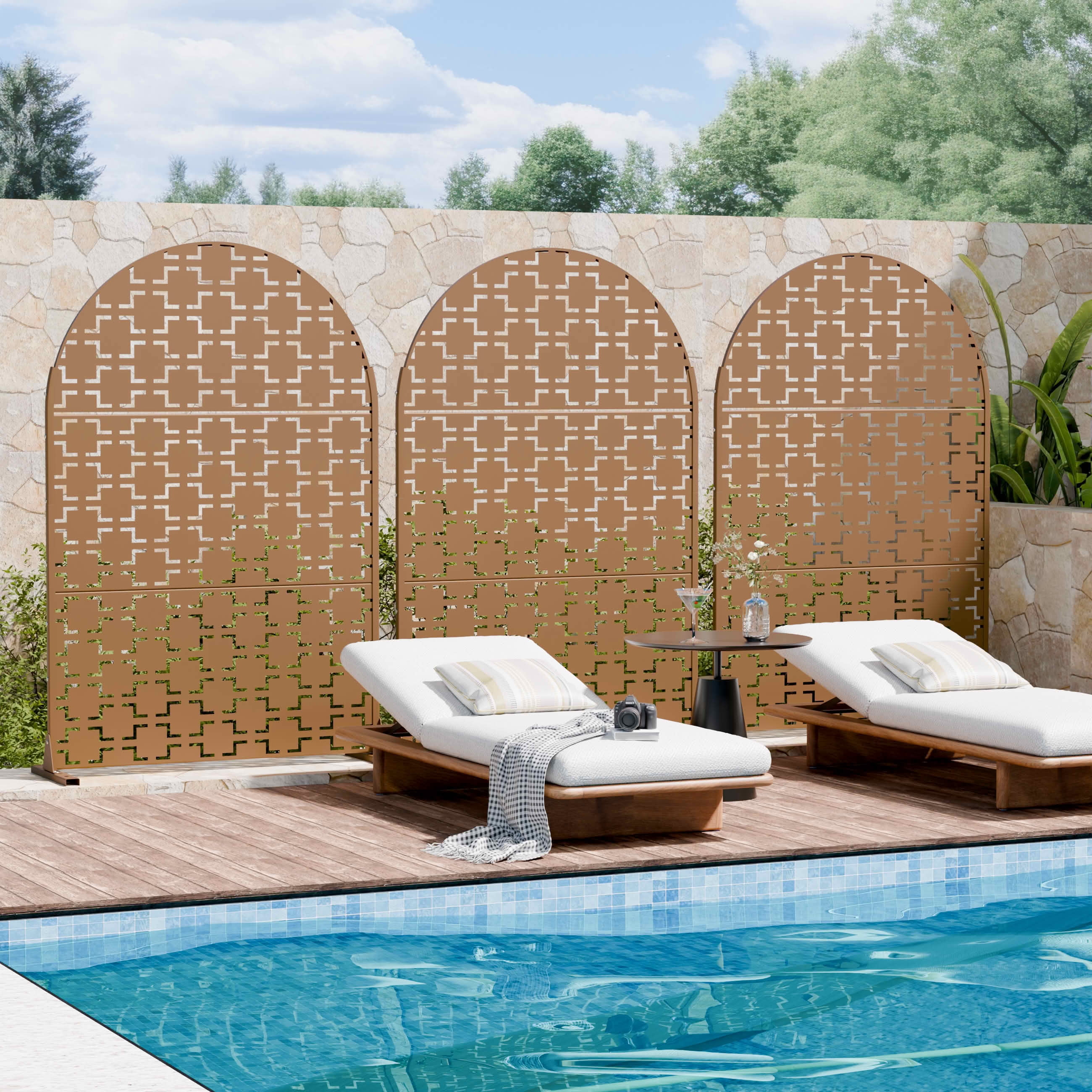 MAYEERTY 72x47x16 Inch Brown Arched Galvanized Steel Privacy Screen, 3 Piece Set for Outdoor Garden