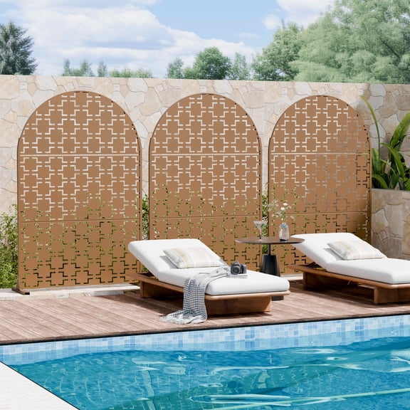 MAYEERTY 72x47x16 Inch Brown Arched Galvanized Steel Privacy Screen, 3 Piece Set for Outdoor Garden