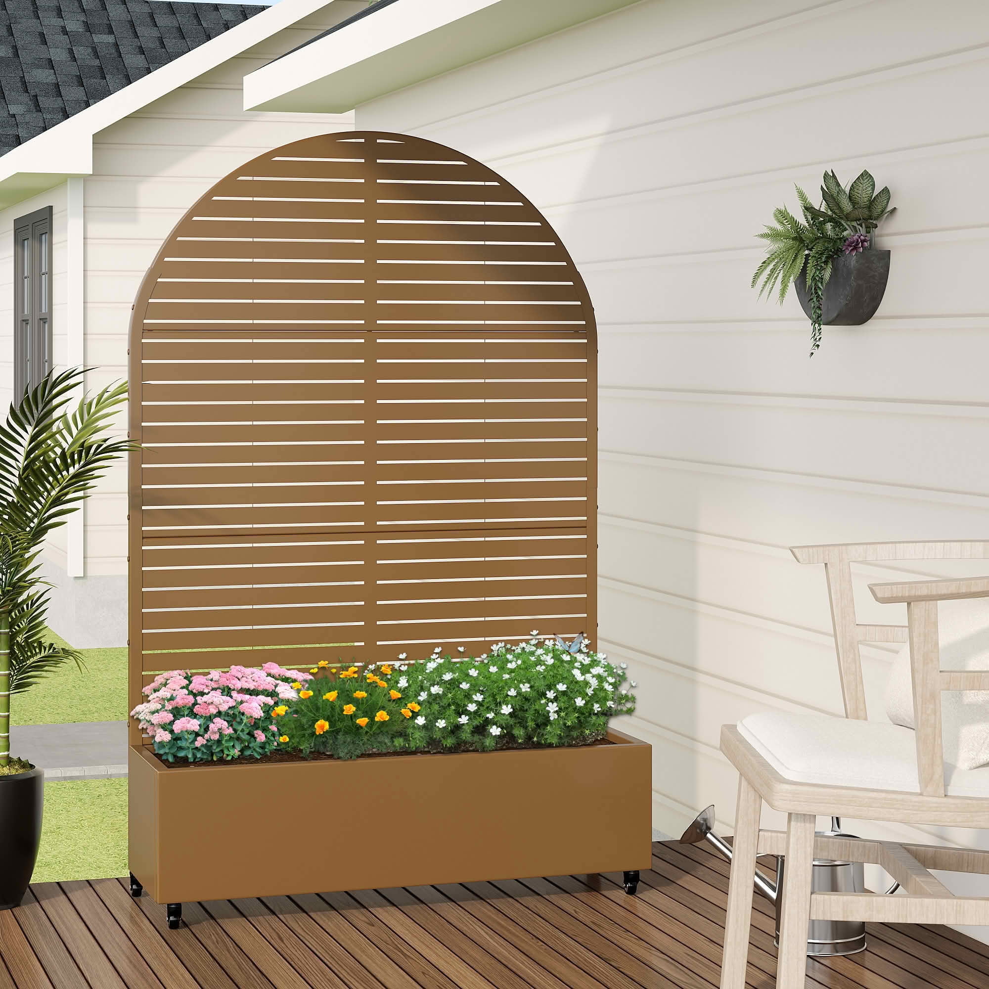 MAYEERTY 72x47x16 Inch Brown Metal Arched Planter Box with Trellis, 3 Piece Set for Outdoor Garden & Patio