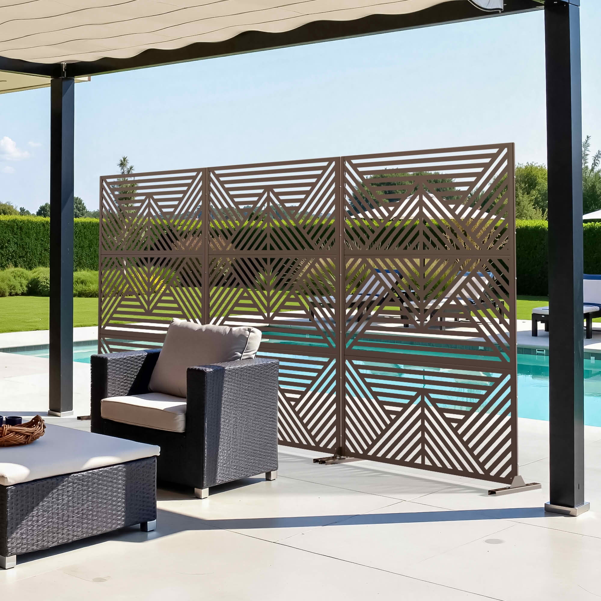 MAYEERTY 72x47x16 Inch Brown Mountain Rectangular Galvanized Steel Privacy Screen, 3 Piece Set for Outdoor Garden