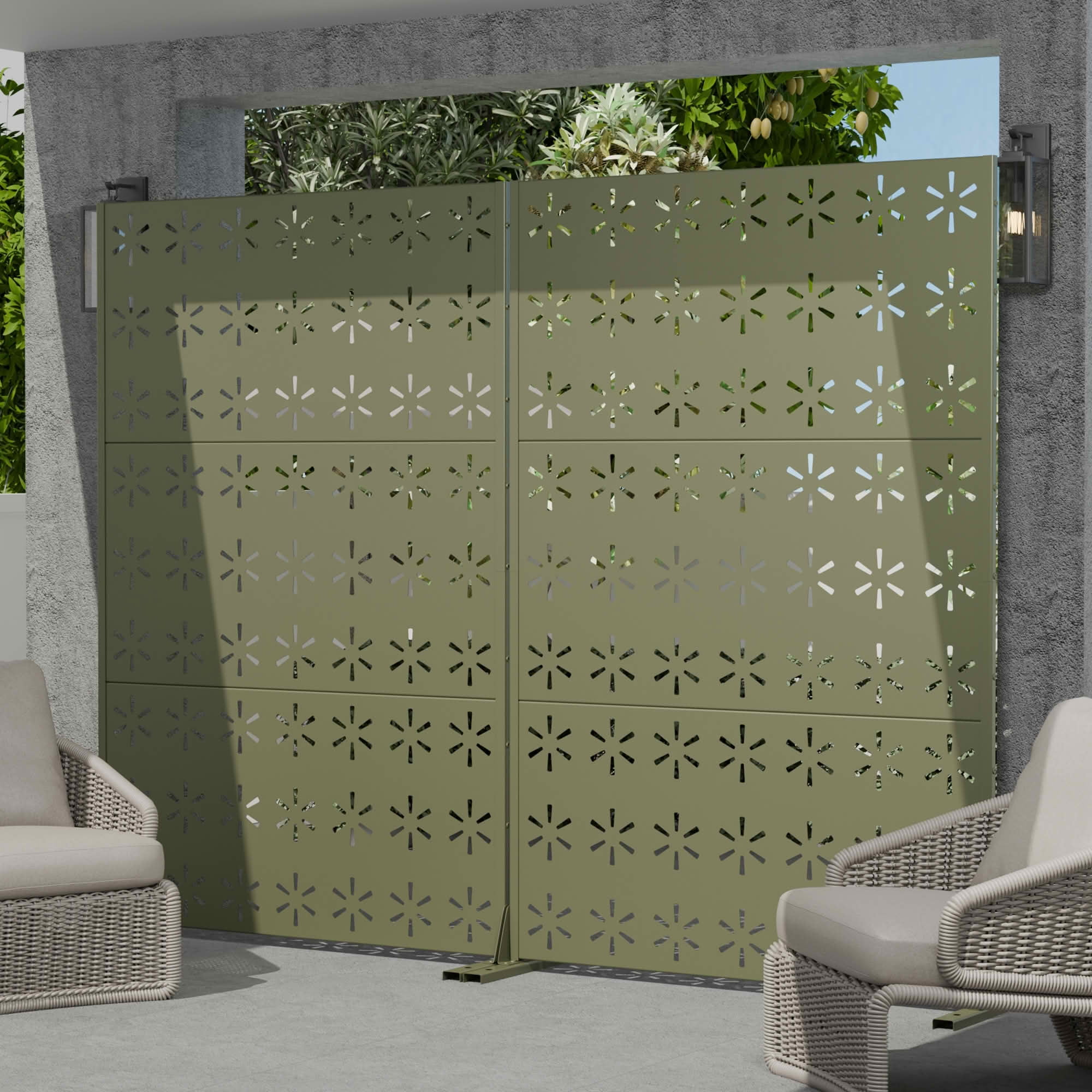MAYEERTY 72x47x16 Inch Olive Gray Starburst Galvanized Steel Privacy Screen, 3 Piece Set for Outdoor Garden