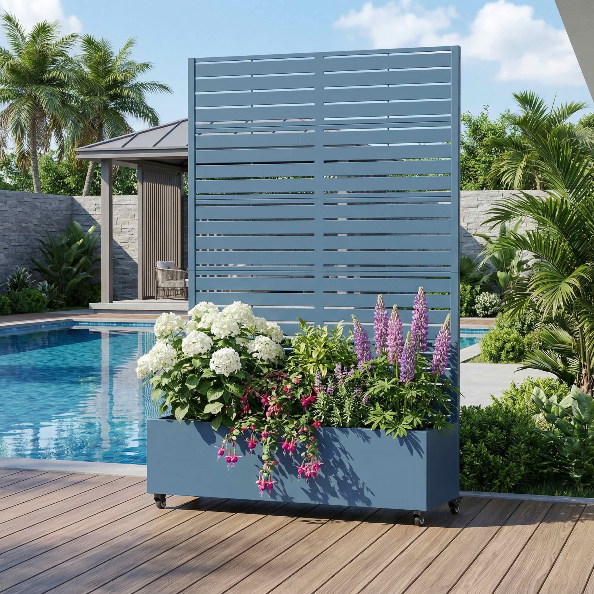 MAYEERTY 72x47x16 Inch Starry Night Blue Metal Rectangular Planter Box with Trellis, 5 Piece Set for Outdoor Garden & Patio