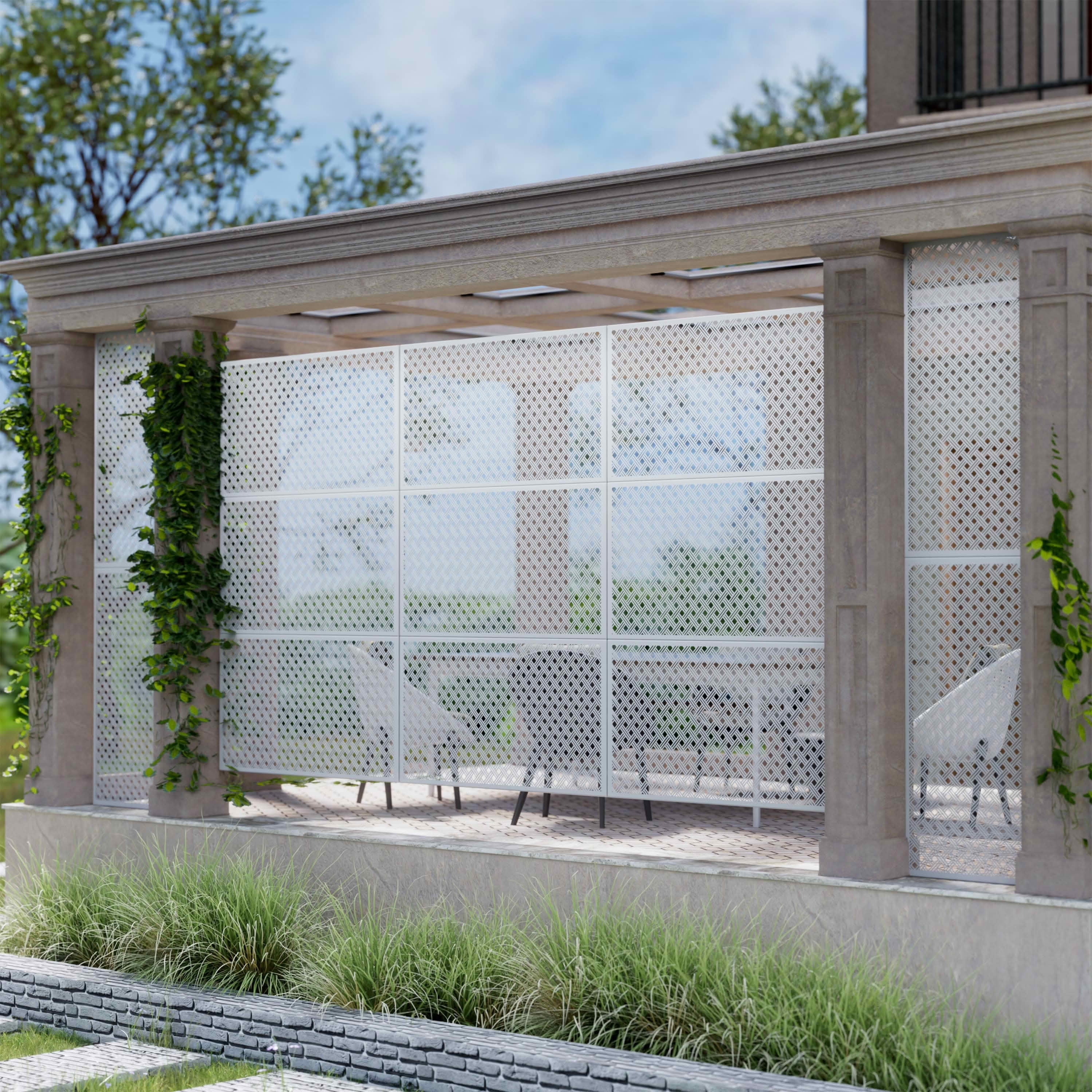 MAYEERTY 72x47x16 Inch White 2-Grid Woven Rectangular Galvanized Steel Privacy Screen, 3 Piece Set for Outdoor Garden