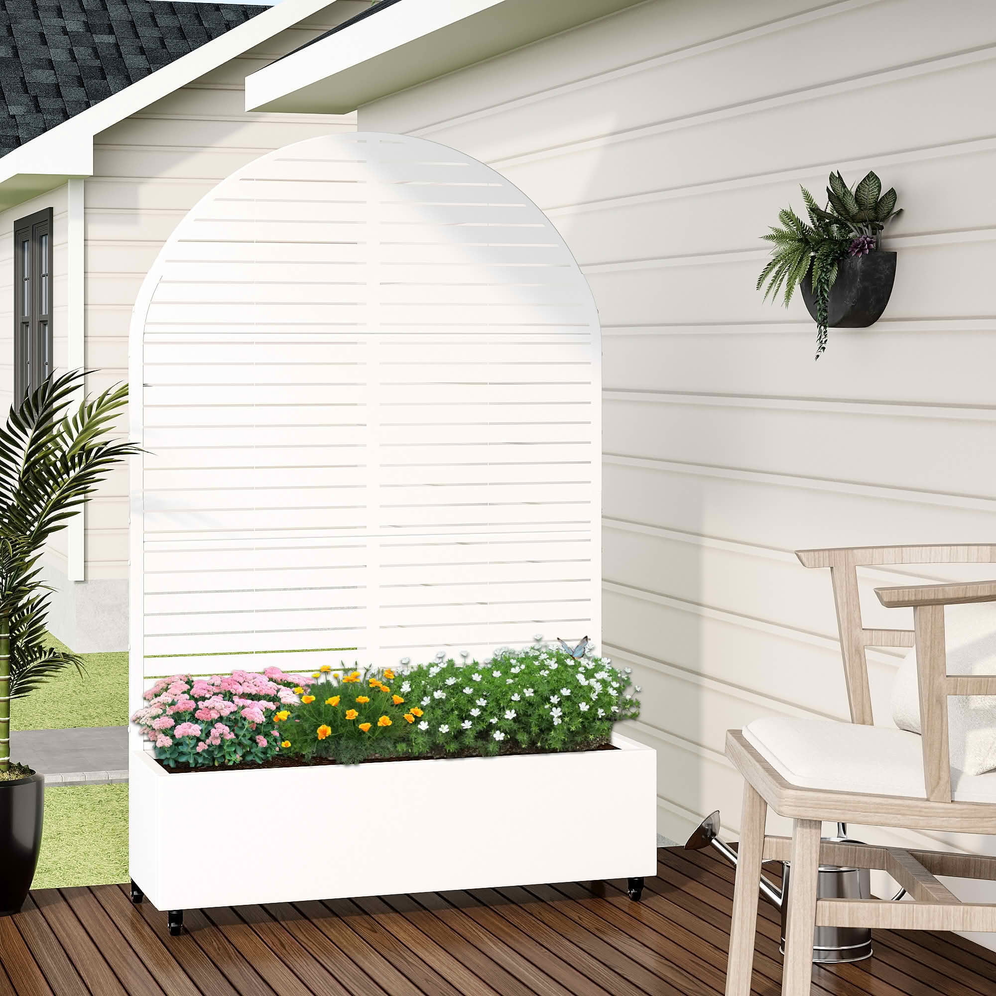 MAYEERTY 72x47x16 Inch White Metal Arched Planter Box with Trellis, 3 Piece Set for Outdoor Garden & Patio