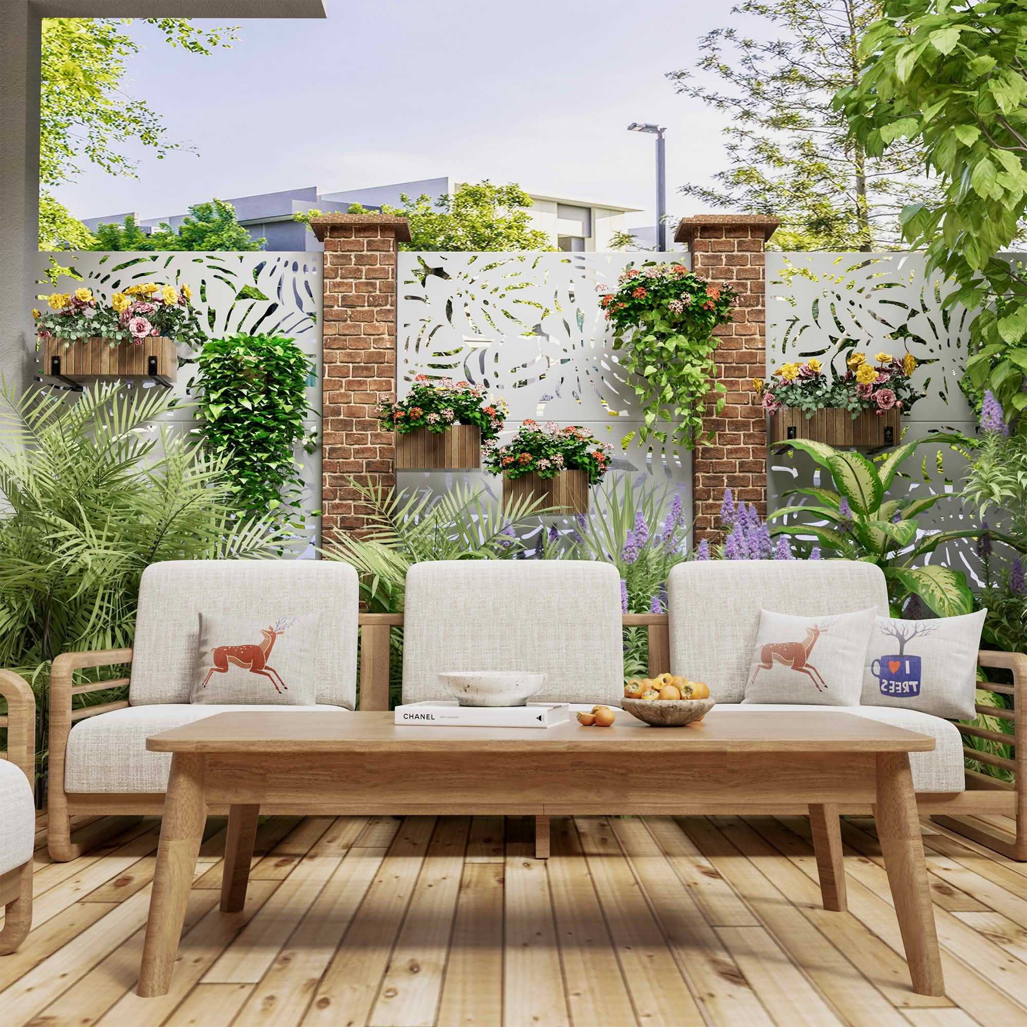 MAYEERTY 72x47x16 Inch White Monstera Galvanized Steel Privacy Screen, 3 Piece Set for Outdoor Garden