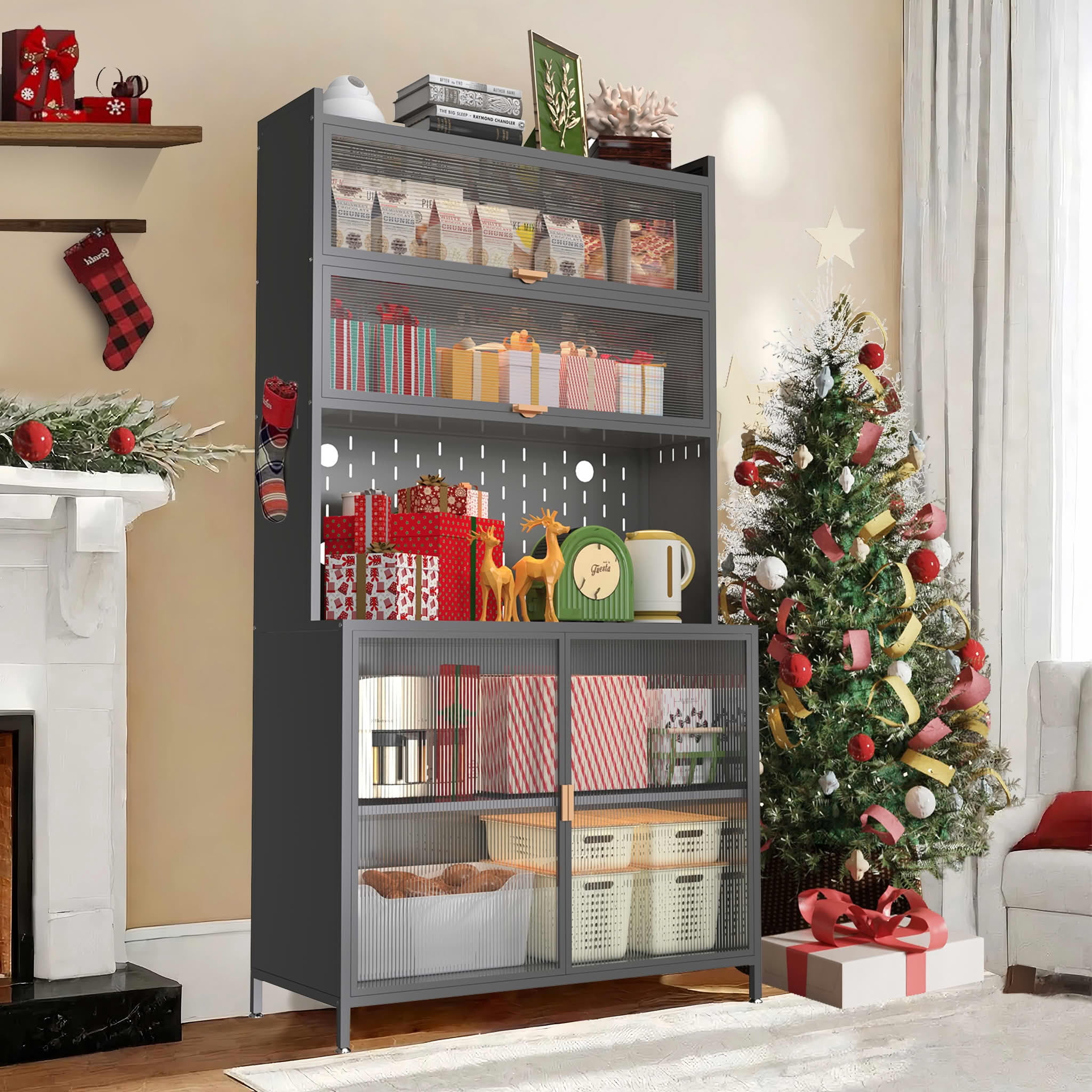 MAYEERTY 73" Tall Metal Kitchen Pantry Sideboard, 6-Tier with Pegboard & Flip Door, Anti-Tip, Grey for Kitchen & Living Room