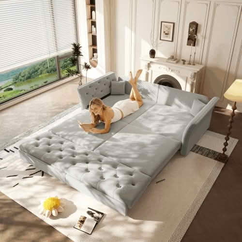 MAYEERTY 74.4" Queen Pull‑Out Velvet Sofa Bed, Convertible Loveseat Sleeper with Handmade Flower Tufting, 2 Pillows Included for Living Room, Bedroom and Apartment