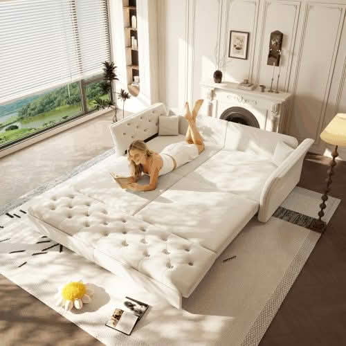 MAYEERTY 74.4" Queen Pull‑Out Velvet Sofa Bed, Convertible Loveseat Sleeper with Handmade Flower Tufting, 2 Pillows Included for Living Room, Bedroom and Apartment