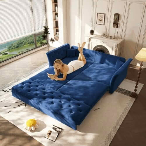 MAYEERTY 74.4" Queen Pull‑Out Velvet Sofa Bed, Convertible Loveseat Sleeper with Handmade Flower Tufting, 2 Pillows Included for Living Room, Bedroom and Apartment