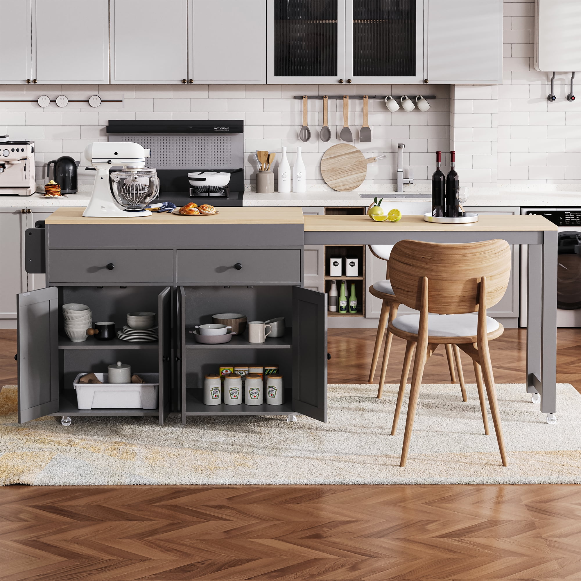 MAYEERTY 74.5" Kitchen Island with Extendable Dining Table, Rolling Wheels, Spice Rack, 2 Drawers & 4-Door Storage Cabinet, Grey