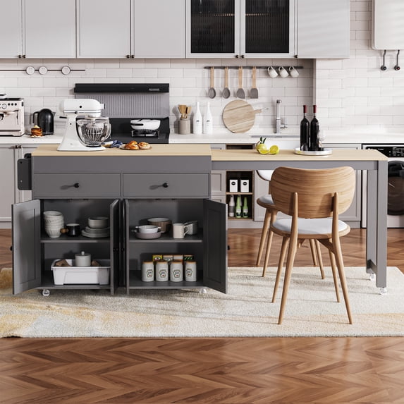 MAYEERTY 74.5" Kitchen Island with Extendable Dining Table, Rolling Wheels, Spice Rack, 2 Drawers & 4-Door Storage Cabinet, Grey